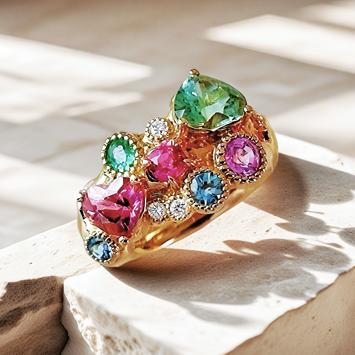 Vintage Garden 18k Gold Diamond Rainbow Gem Ring (Item No. VT037)