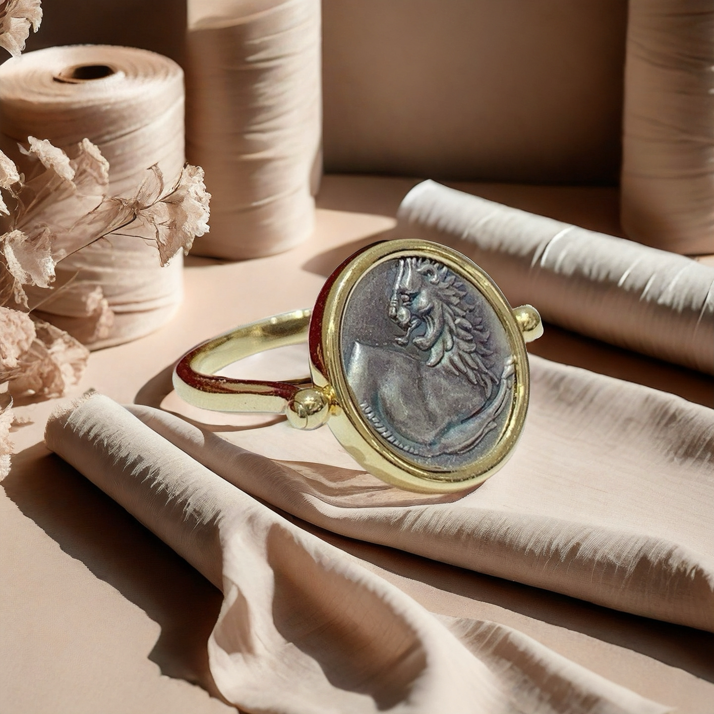 Lion Ancient Greek Coin Medallion 18K Gold Ring (Item No. COIN048)