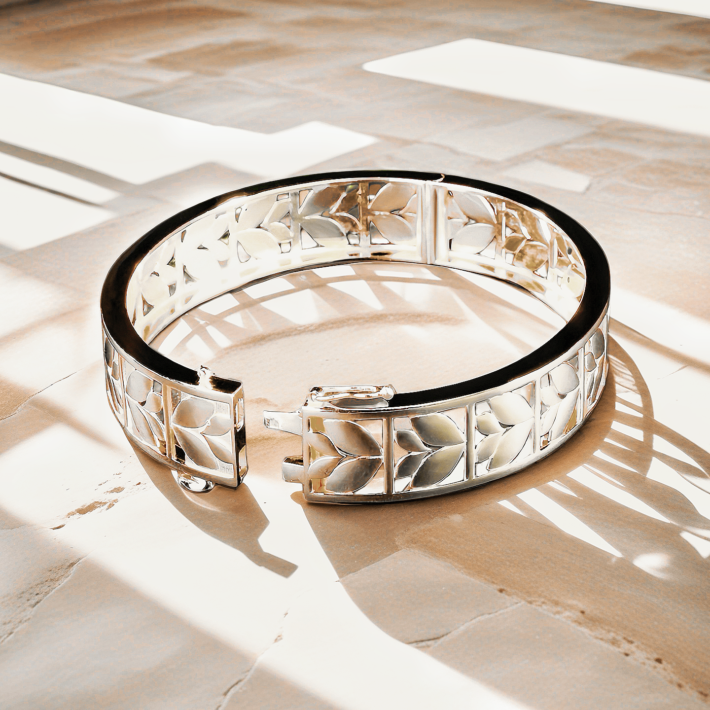 Greek Key Hollow Leaf Sterling Silver/9k/14k/18k Gold Bangle(Item No. GB0017)