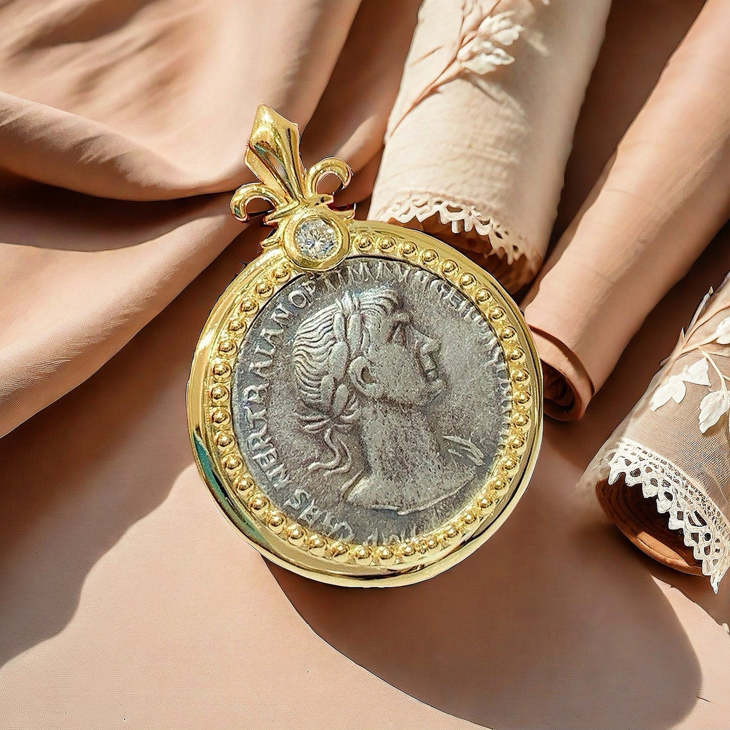 Emperor Trajan& Fortuna Ancient Greek Coin Medallion 18K Gold Pendant (Item No. COIN041)