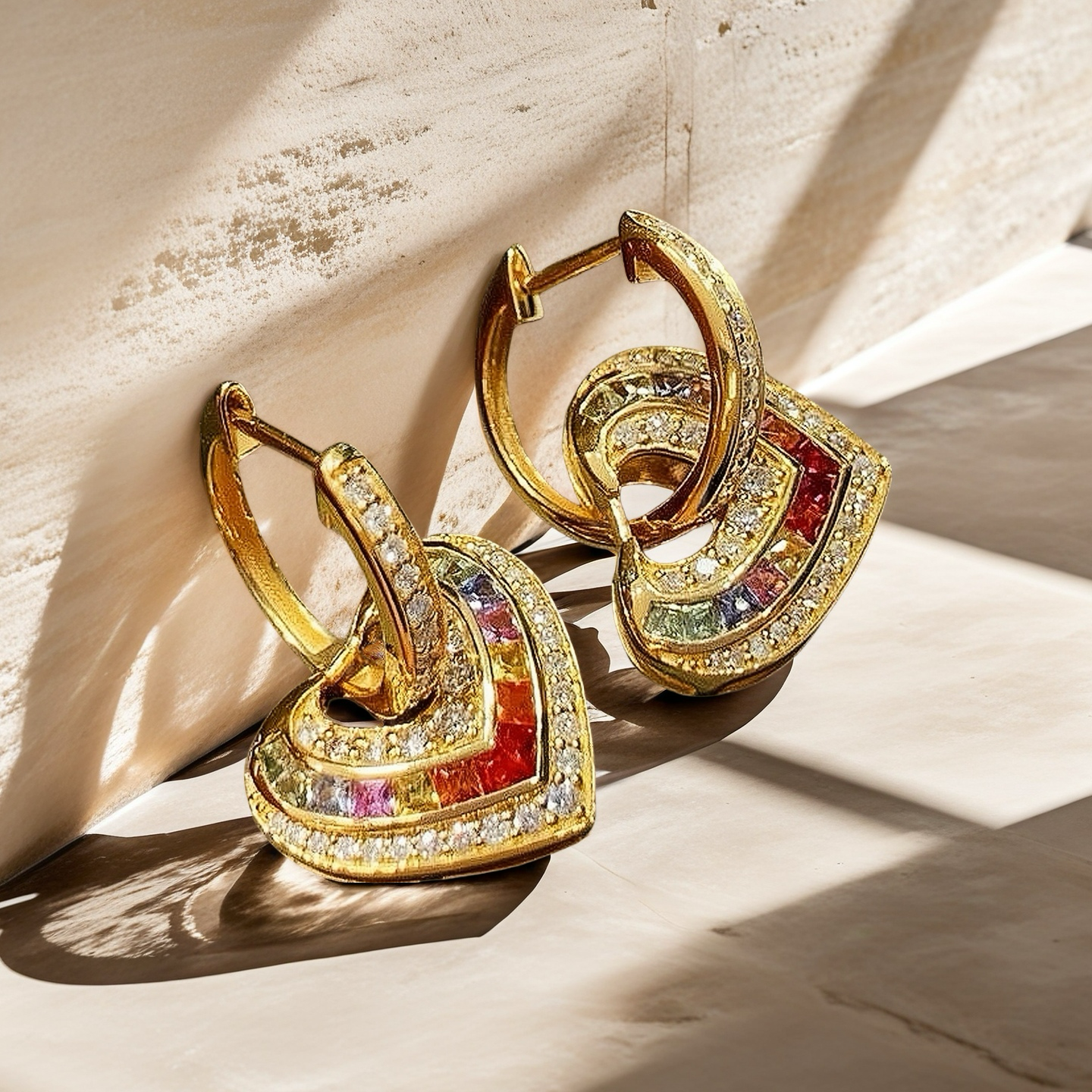 Rainbow Heart 18k Gold Diamond Sapphire Earring (Item No. VT062)