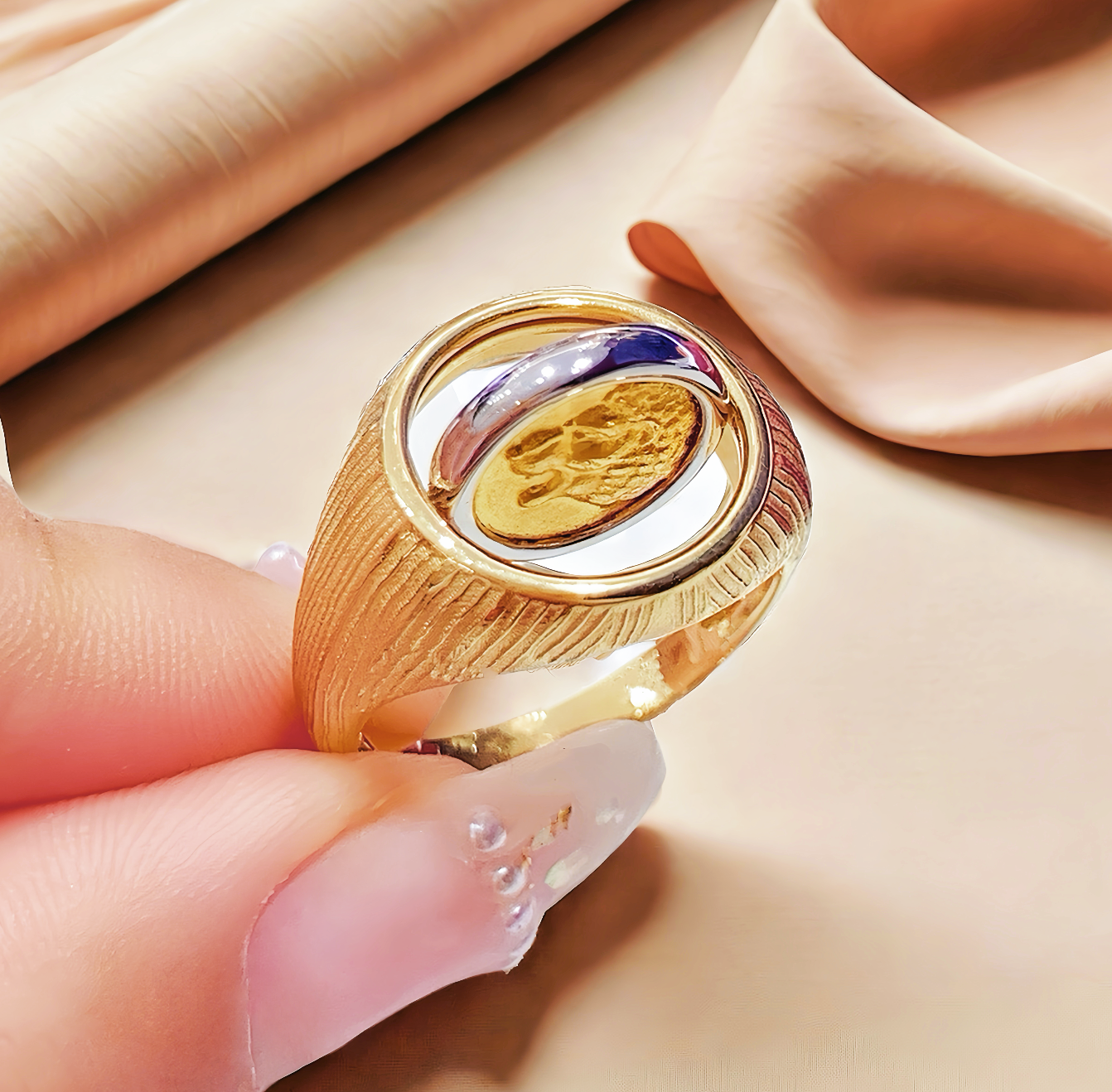 Lion Ancient Coin Medallion Electrum Gold 24k Gold Ring(Item No. COIN068)