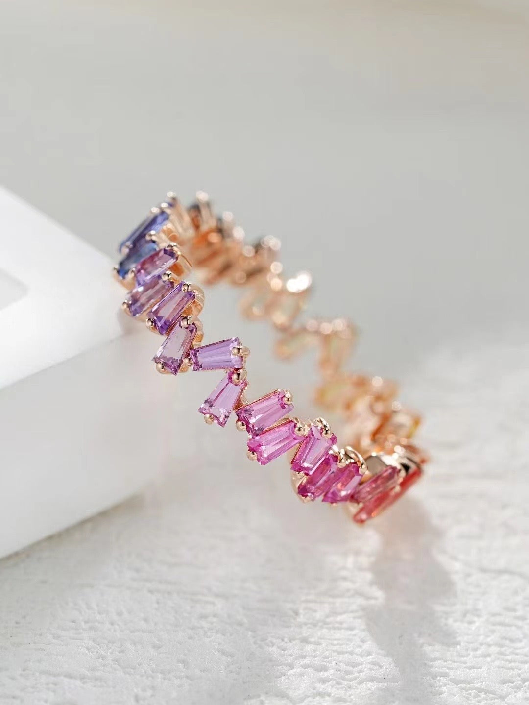 T Square Cut Rainbow Sapphire 18k Gold Ring (Item No. SA025)