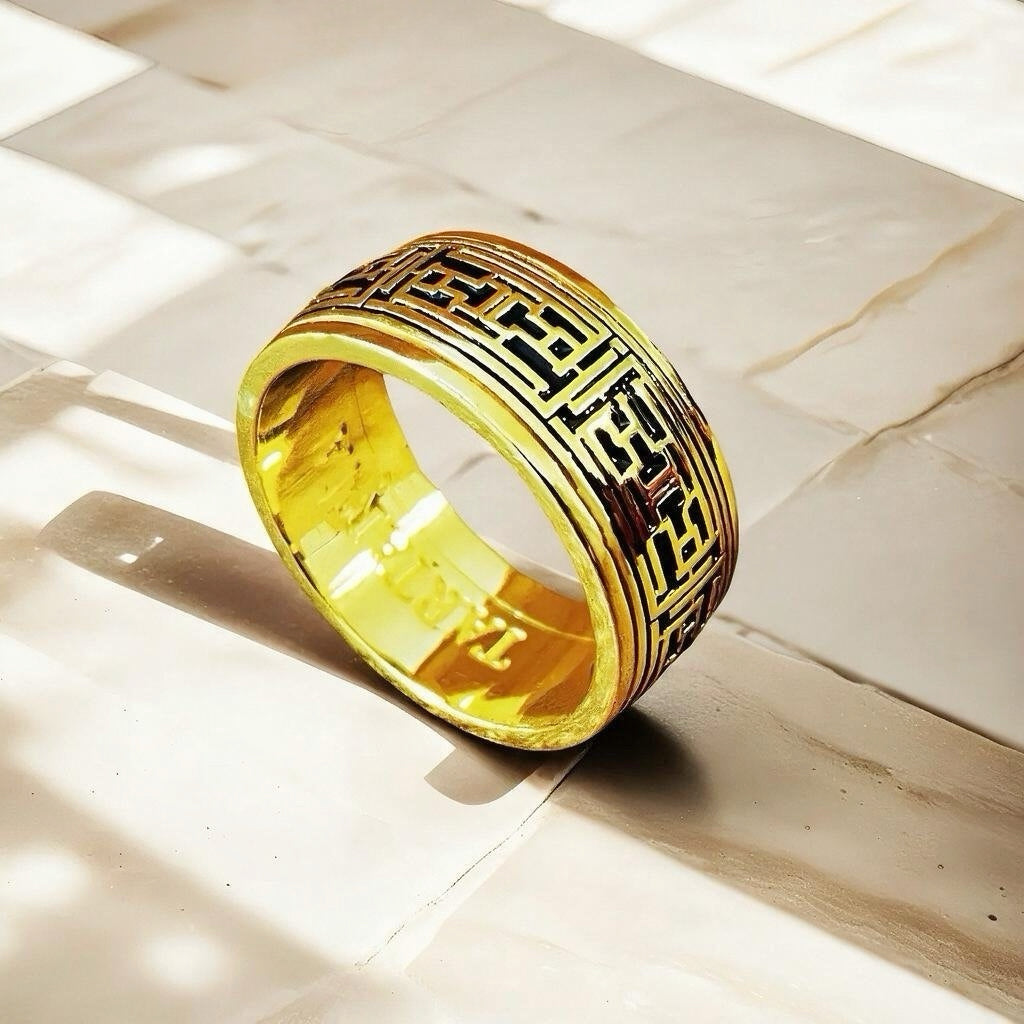 Rotatable Enamel Greek Key 9k/14k/18k Gold Ring (Item No. GR0003)