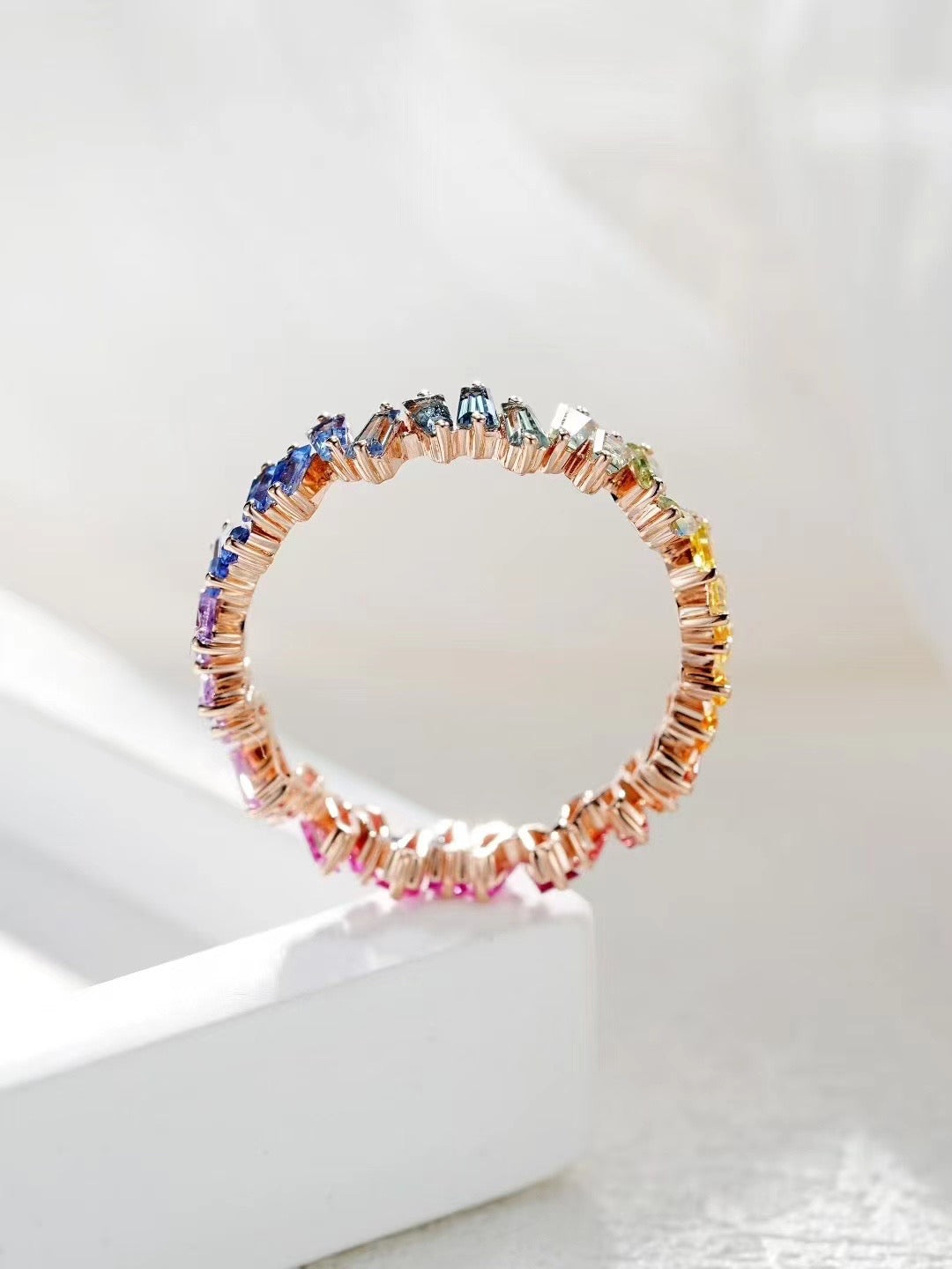 T Square Cut Rainbow Sapphire 18k Gold Ring (Item No. SA025)