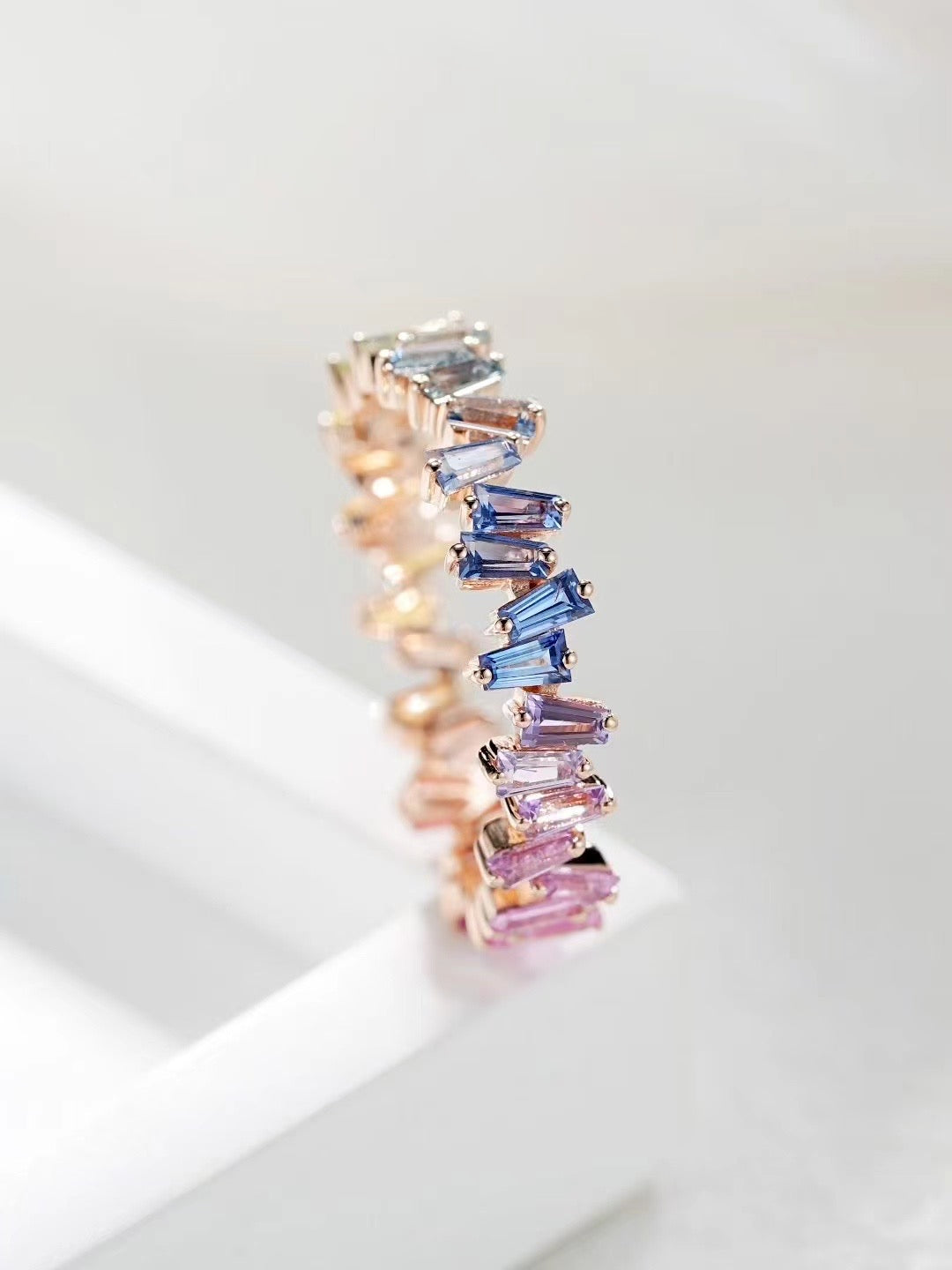 T Square Cut Rainbow Sapphire 18k Gold Ring (Item No. SA025)