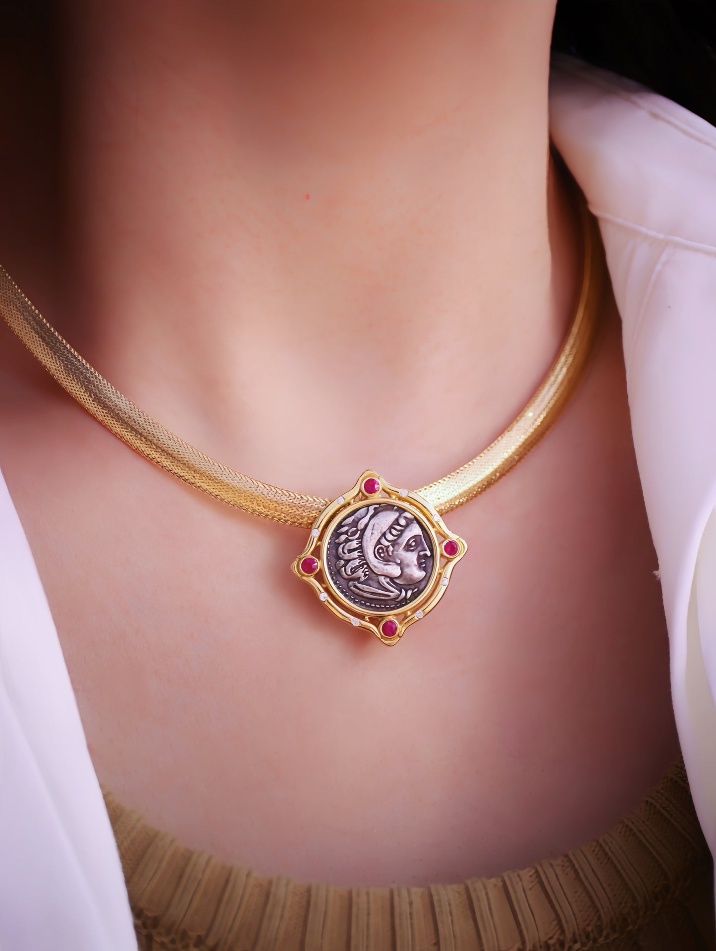 Heracles Ancient Greek Coin Medallion 18K Gold Pendant Necklace Set (Item No. COIN087)