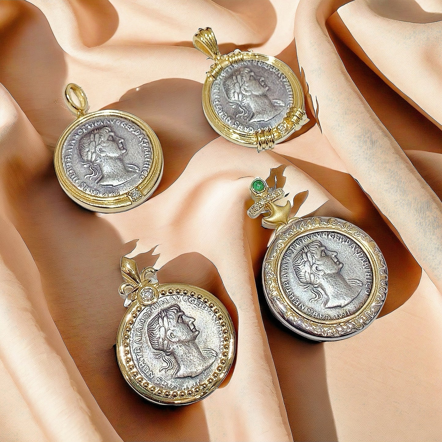 Emperor Trajan& Fortuna Ancient Greek Coin Medallion 18K Gold Pendant (Item No. COIN041)