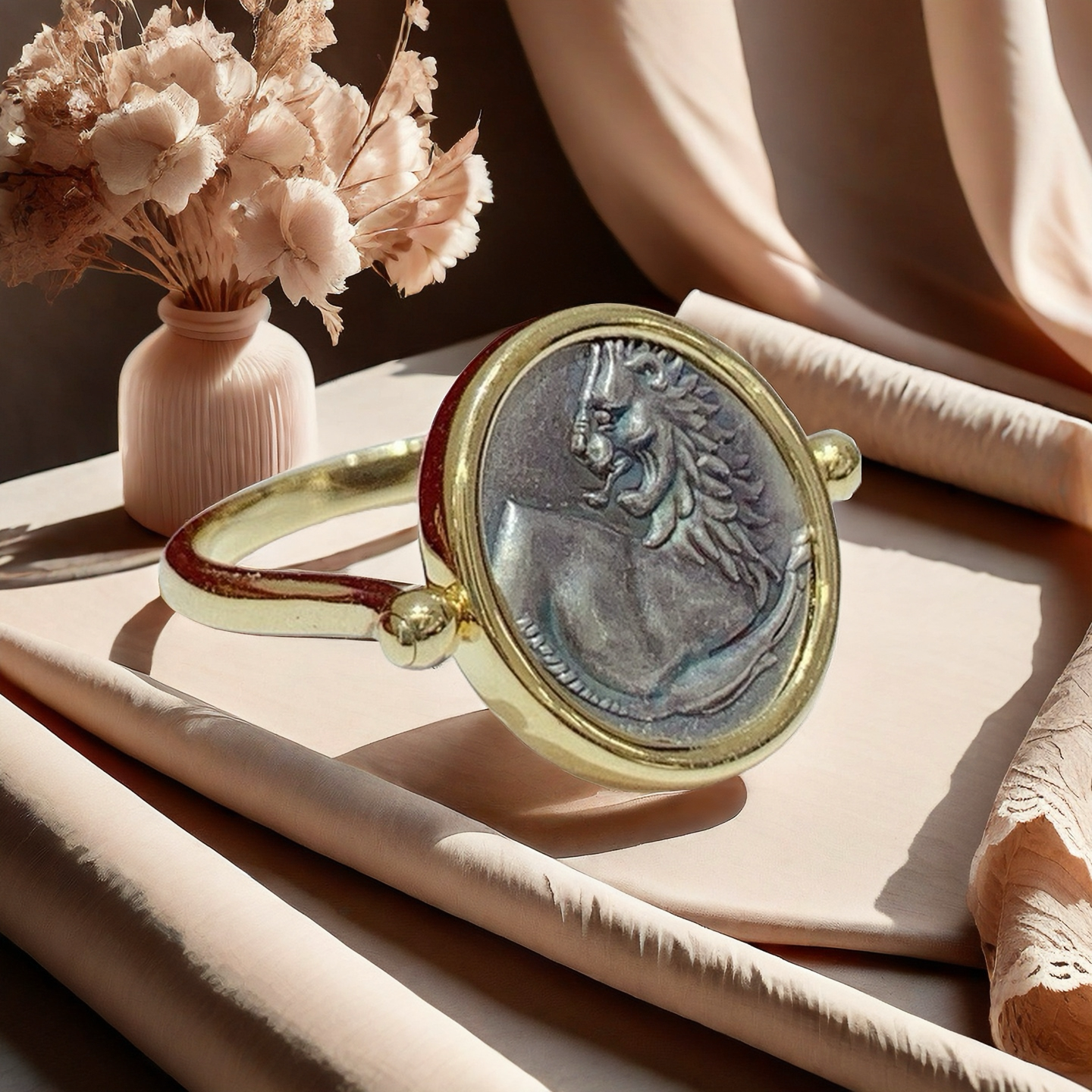 Lion Ancient Greek Coin Medallion 18K Gold Ring (Item No. COIN048)