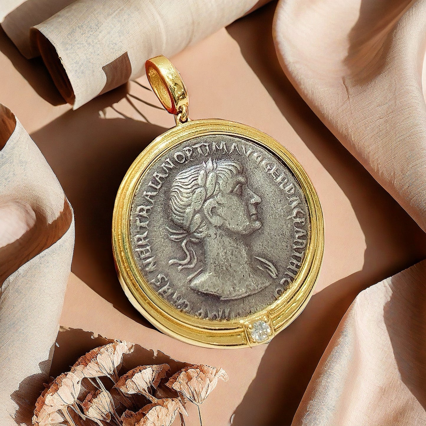 Emperor Trajan& Fortuna Ancient Greek Coin Medallion 18K Gold Pendant (Item No. COIN041)