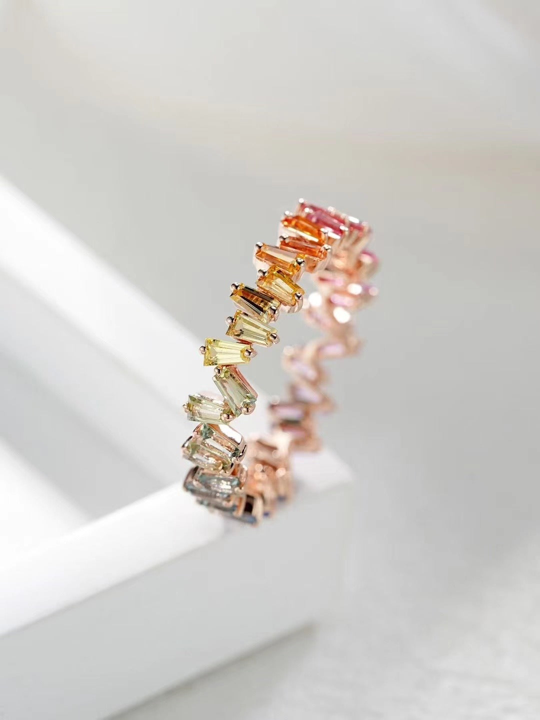 T Square Cut Rainbow Sapphire 18k Gold Ring (Item No. SA025)