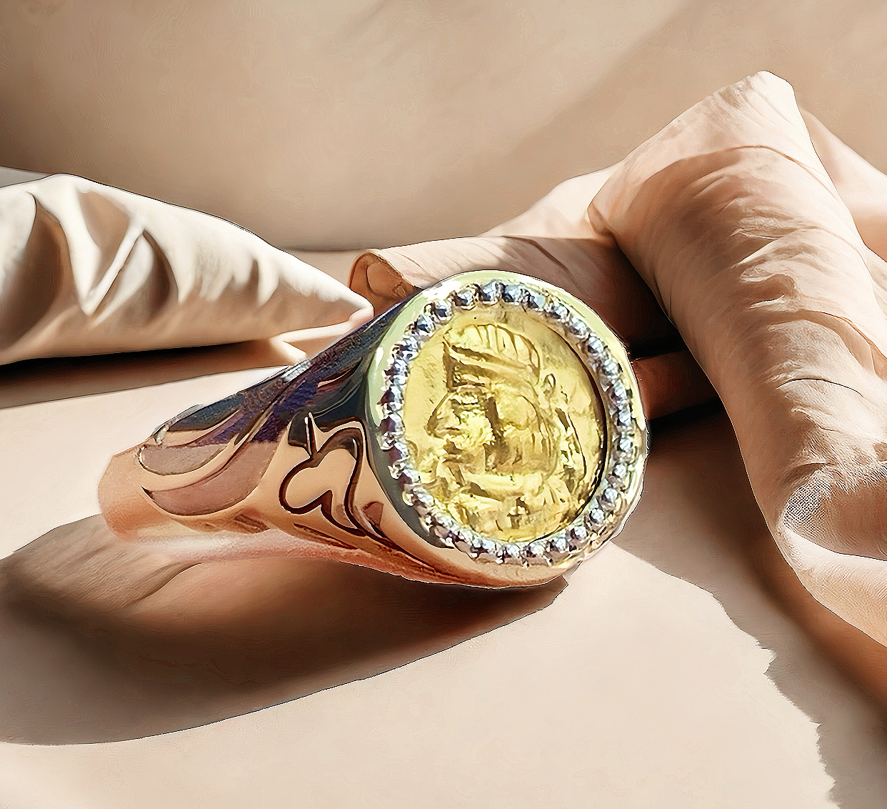 King Ancient Coin Medallion Electrum 24k Gold Ring (Item No. COIN070)