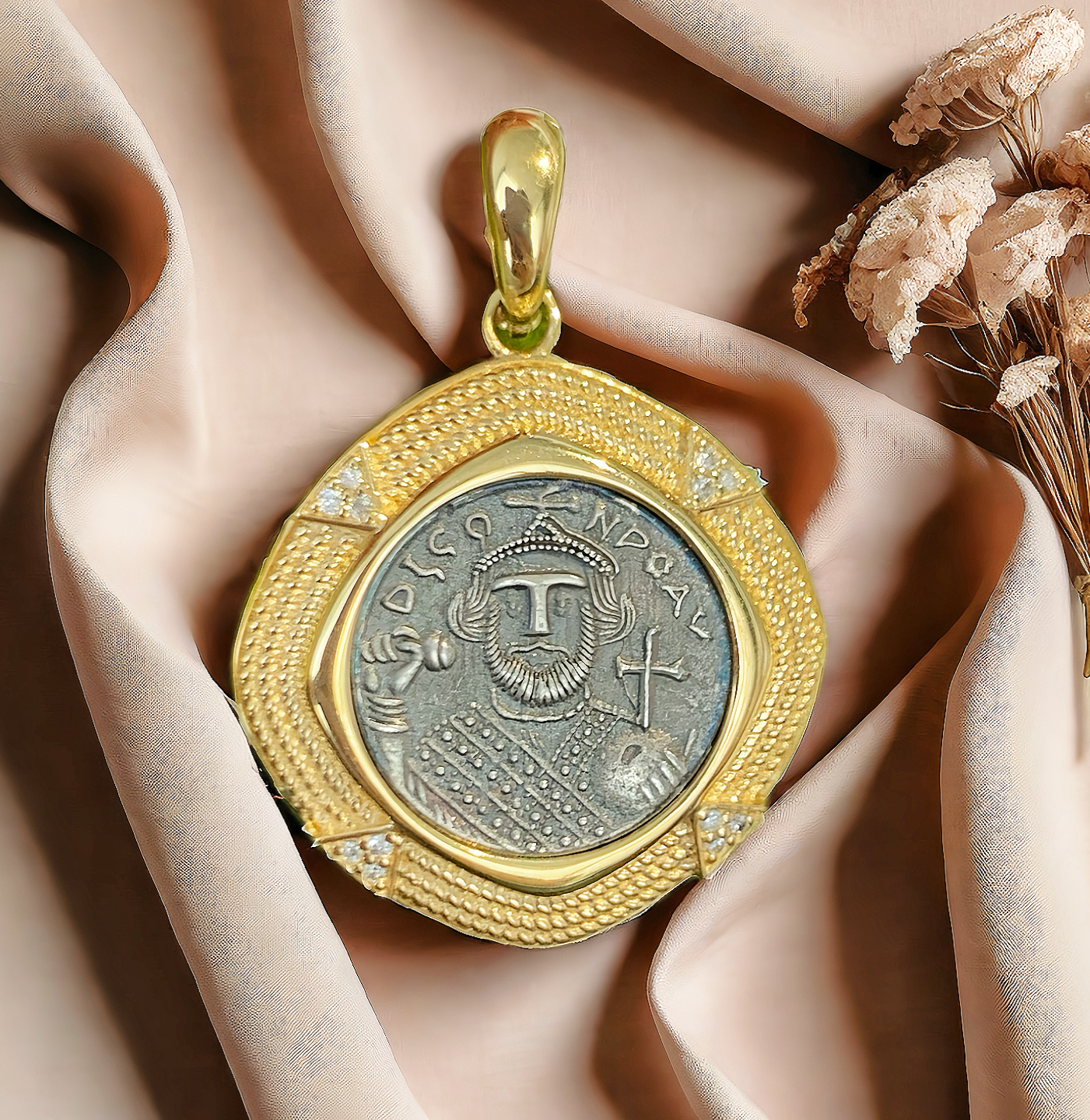 Byzantine Emperor Ancient Greek Coin Medallion 18K Gold Pendant (Item No. COIN63)