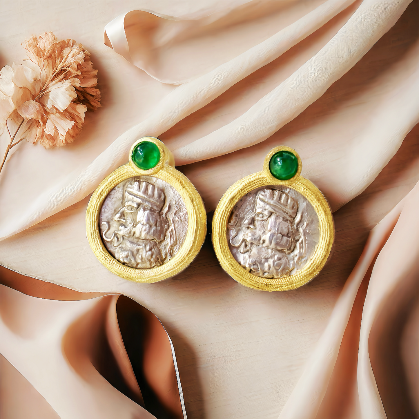 Parthian Emperor Ancient Coin Medallion 18K Gold Earring (Item No. COIN054)