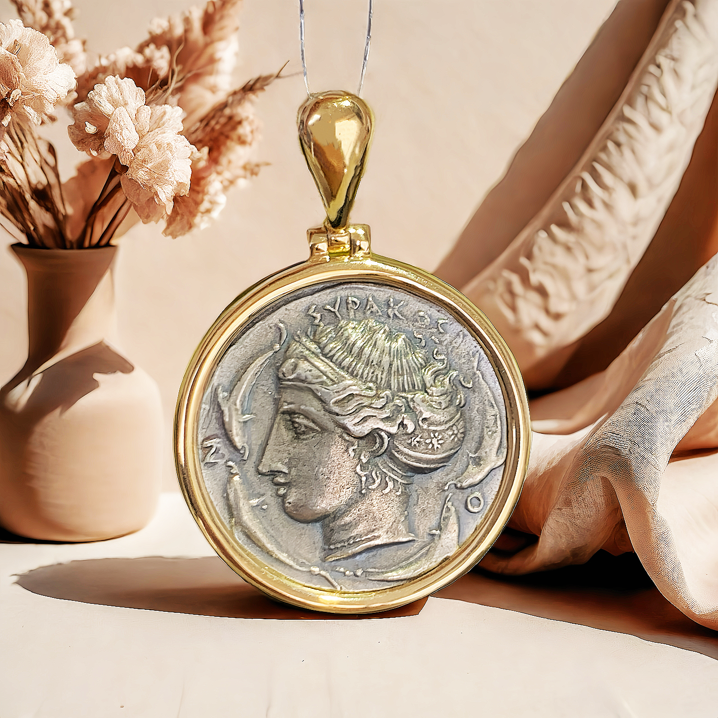 Arethusa Ancient Greek Coin Medallion 18K Gold Pendant (Item No. COIN051)