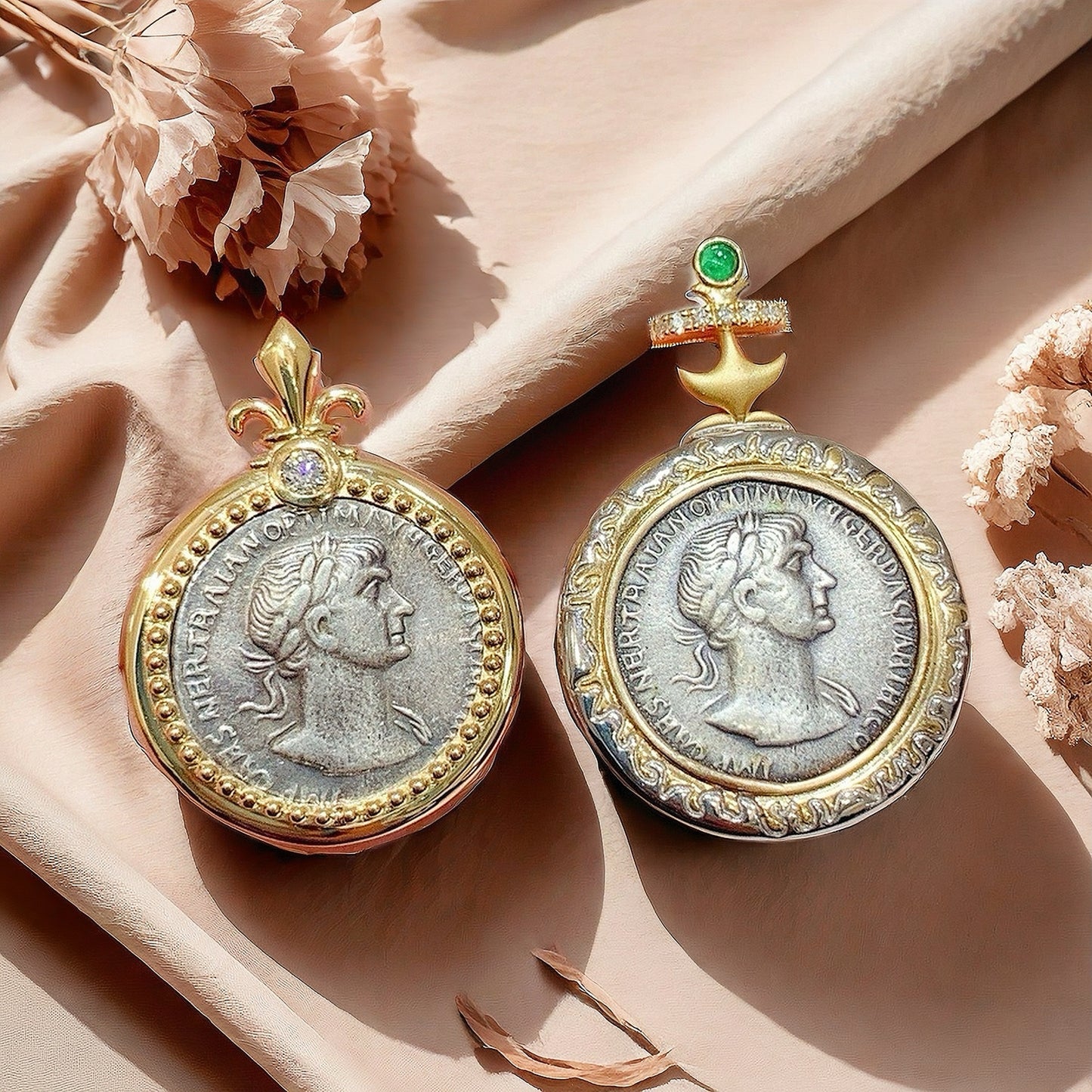 Emperor Trajan& Fortuna Ancient Greek Coin Medallion 18K Gold Pendant (Item No. COIN041)