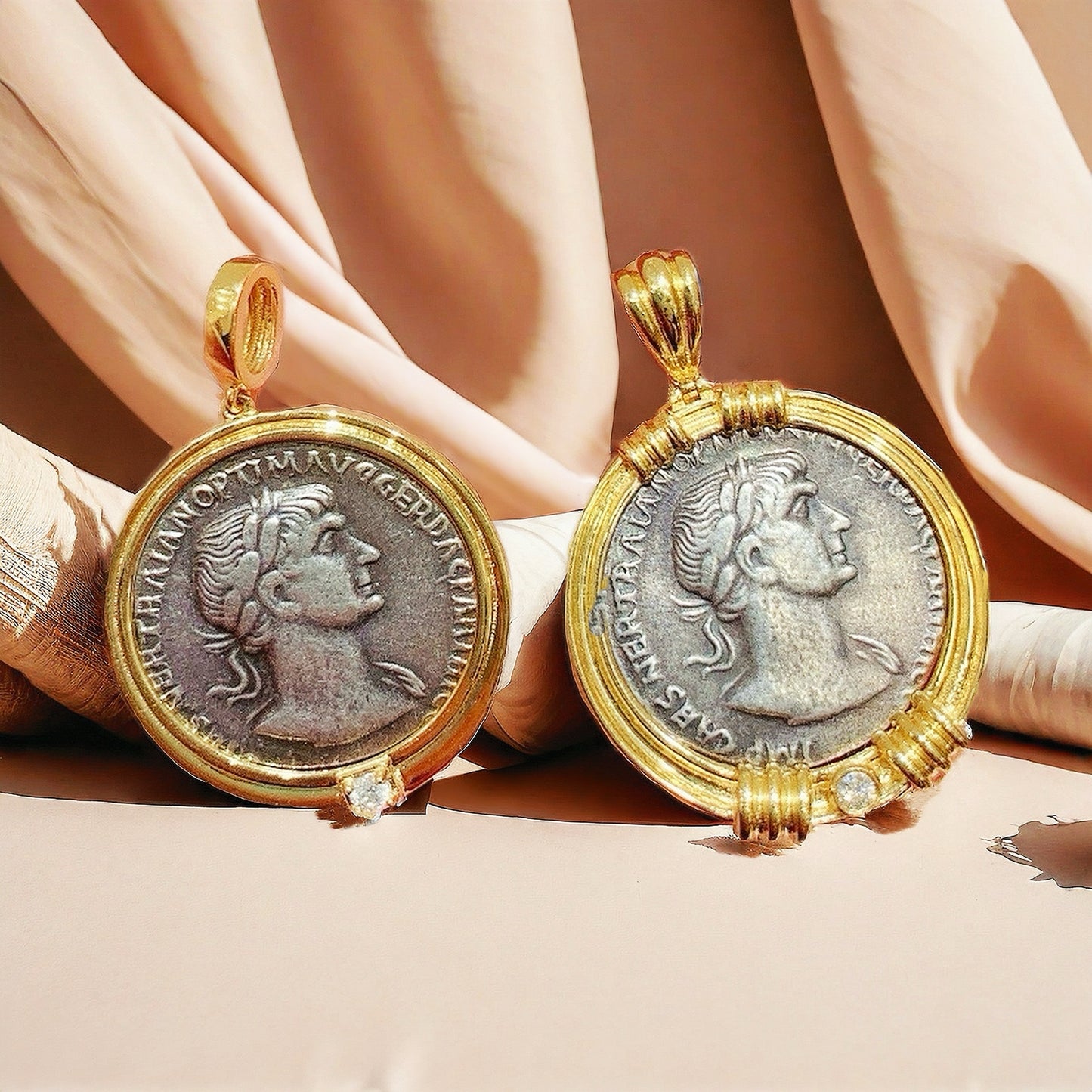 Emperor Trajan& Fortuna Ancient Greek Coin Medallion 18K Gold Pendant (Item No. COIN041)