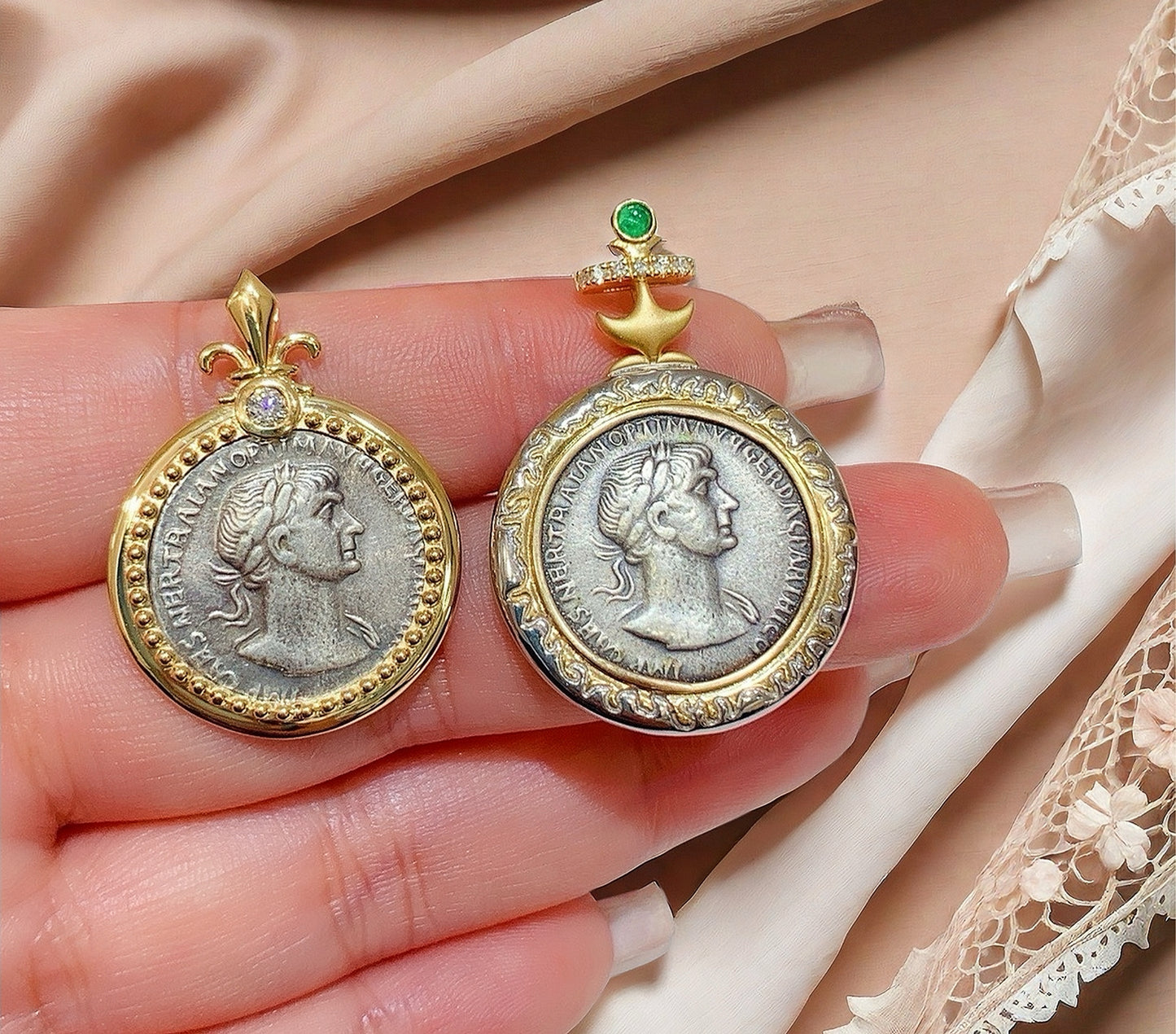 Emperor Trajan& Fortuna Ancient Greek Coin Medallion 18K Gold Pendant (Item No. COIN041)
