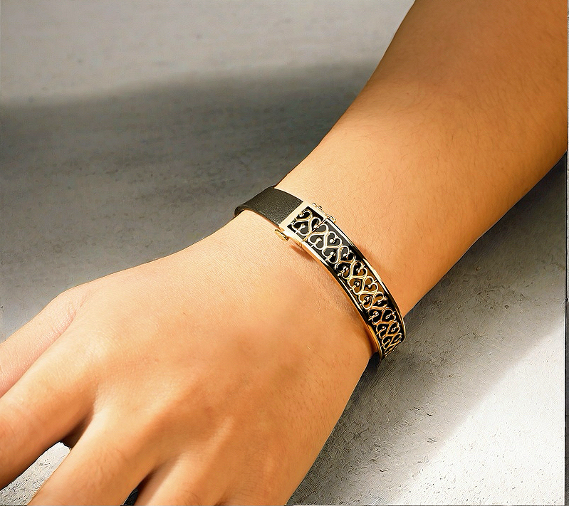 Greek Key Sterling Silver/9k/14k/18k Enamel Leather Gold Bangle(Item No. GB0009)