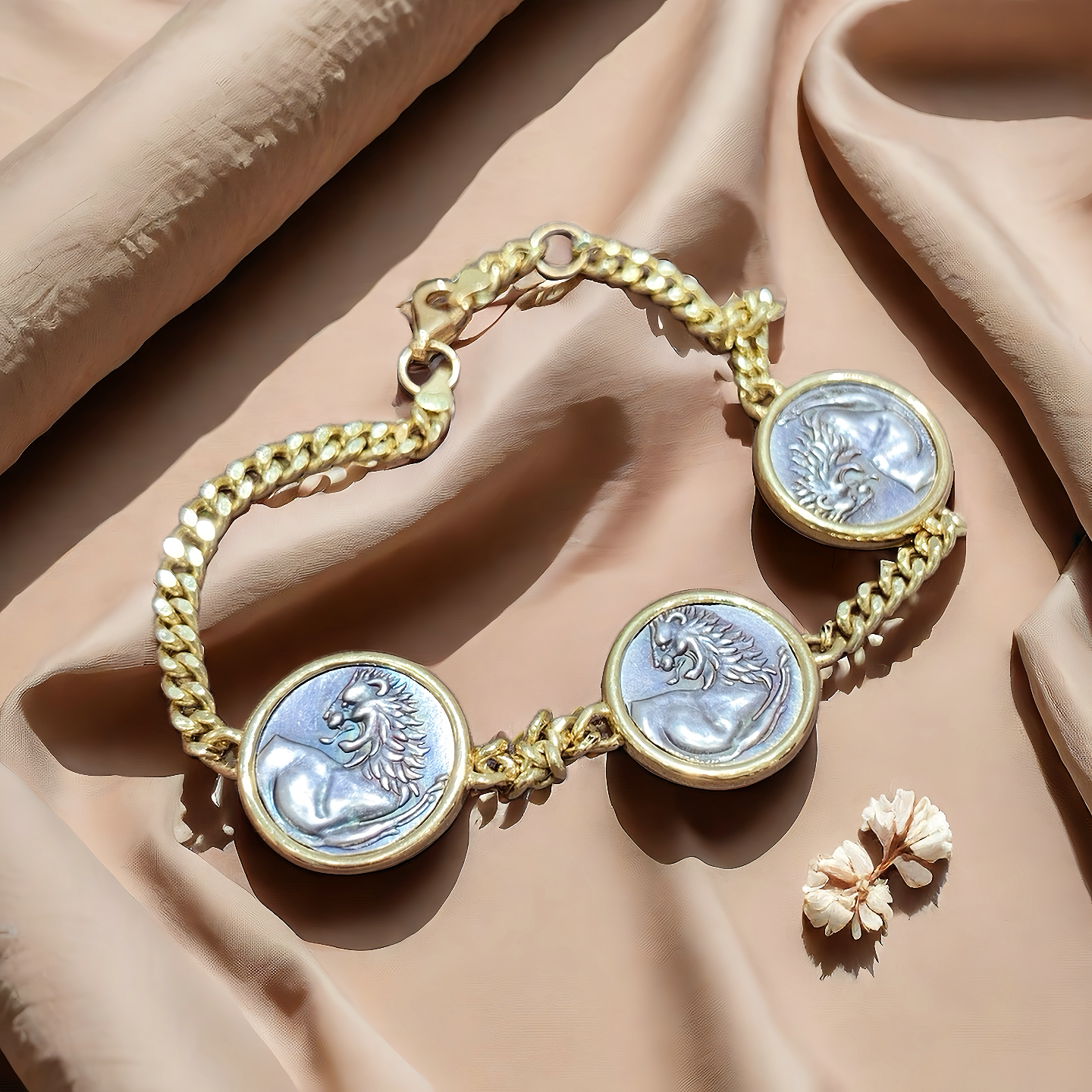 Lion Ancient Coin Medallion 18K Gold Bracelet (Item No. COIN043)