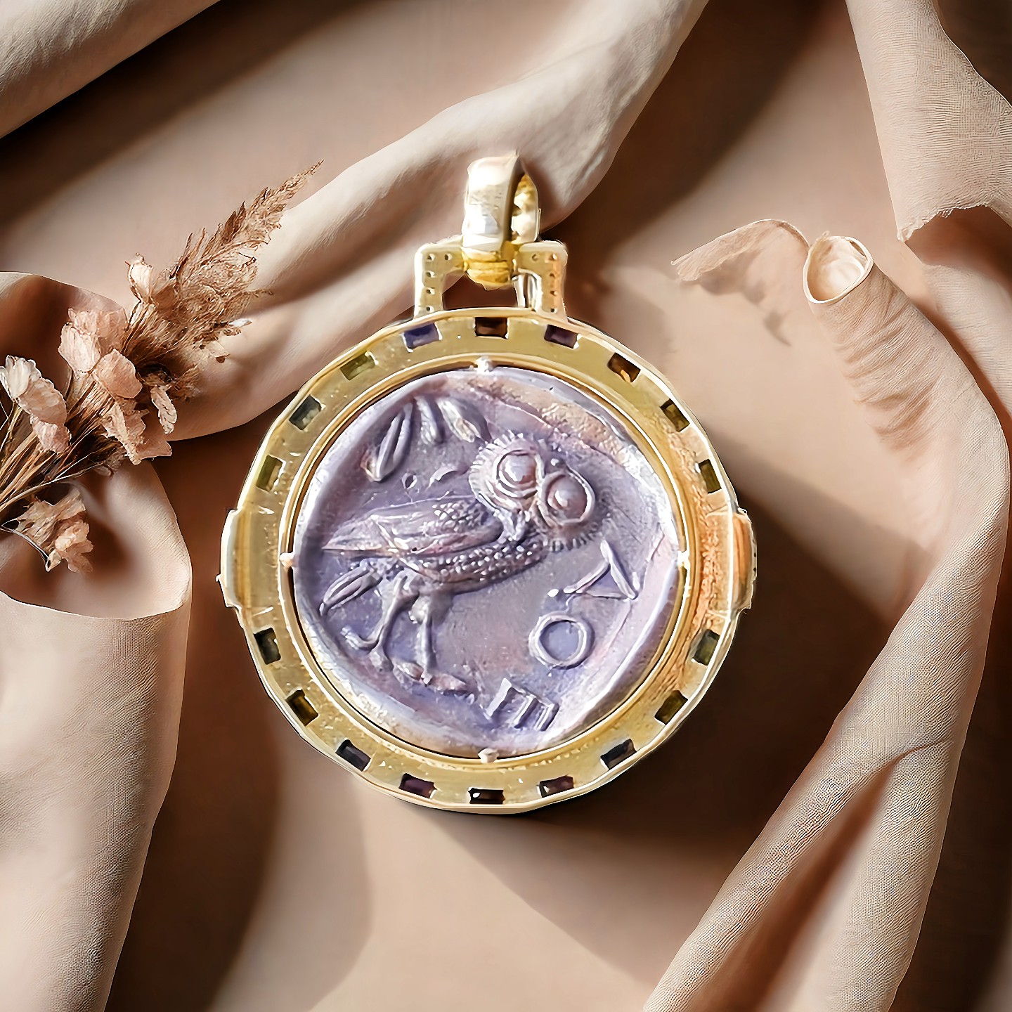 Athena Owl Ancient Greek Coin Medallion 18k Gold Rainbow Sapphire Pendant (Item No. COIN012)
