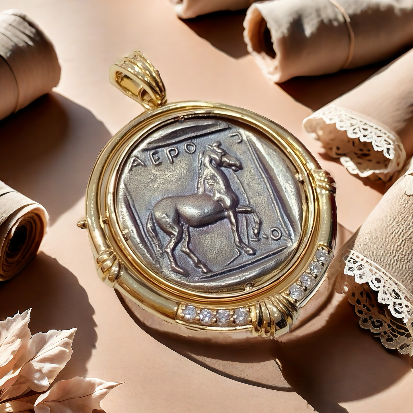 Macedonia Apollo With Horses Ancient Greek Coin Medallion 18K Gold Pendant (Item No. COIN013)