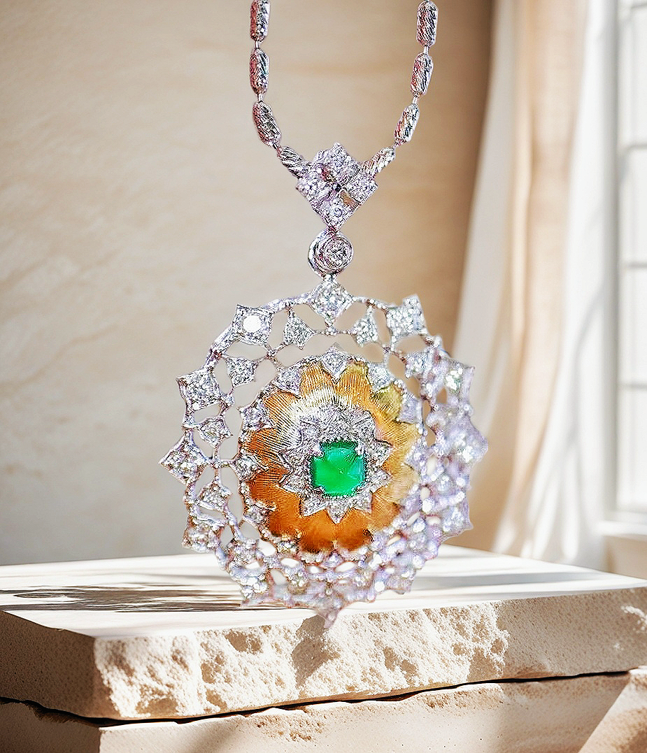 Vintage 18k Gold Diamond Emerald Pendant (Item No. VT092)