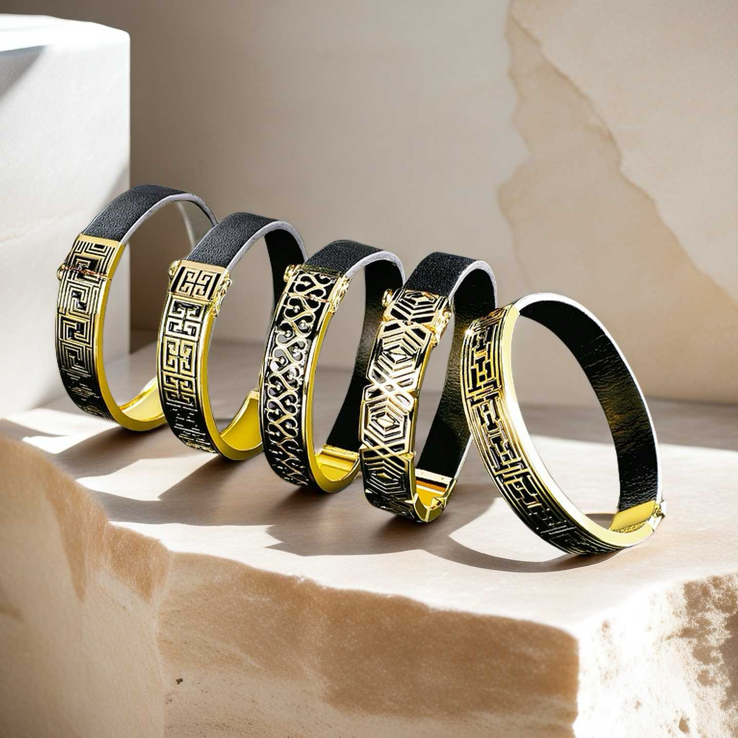 Greek Key Sterling Silver/9k/14k/18k Enamel Leather Gold Bangle(Item No. GB0005)
