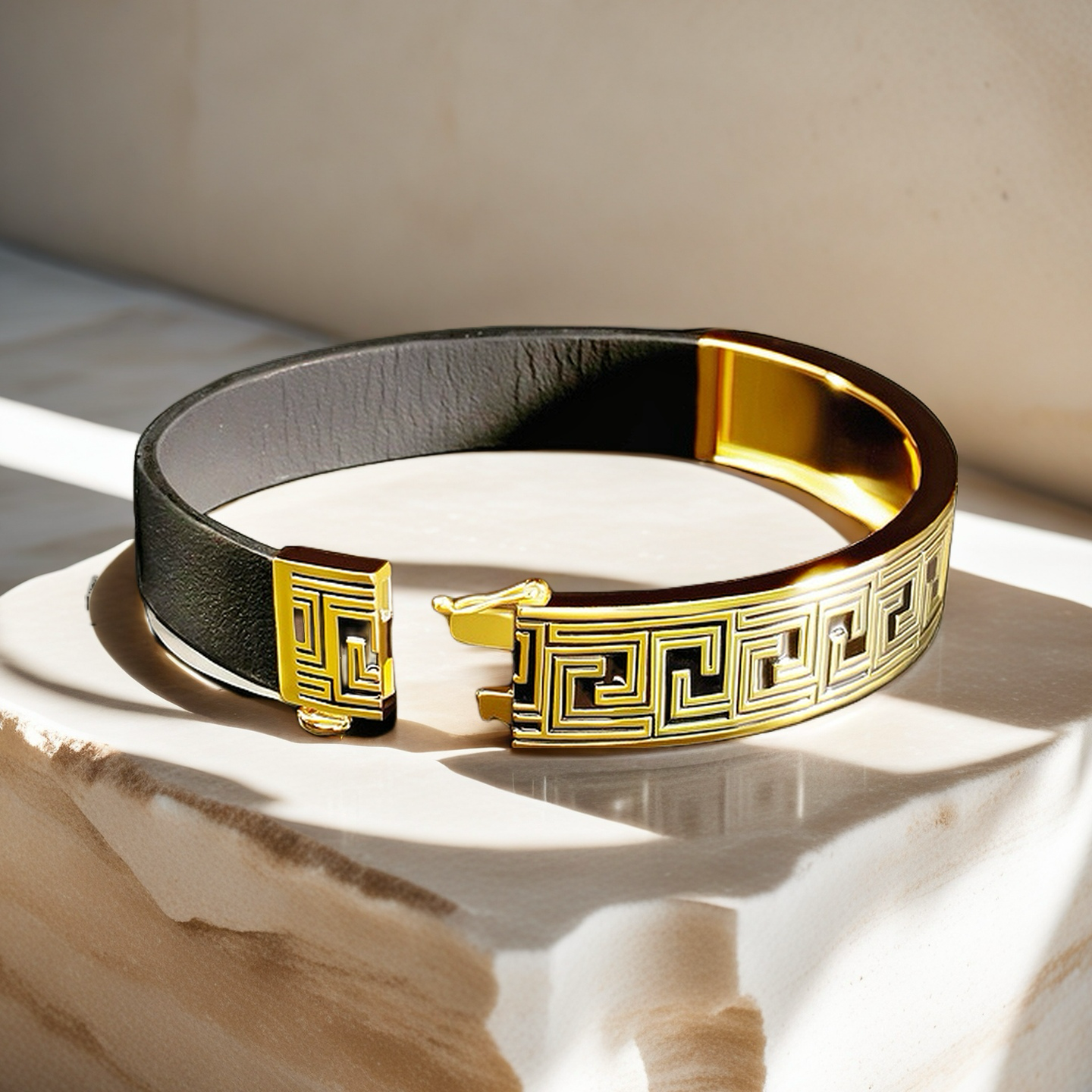 Greek Key Sterling Silver/9k/14k/18k Enamel Leather Gold Bangle(Item No. GB0005)