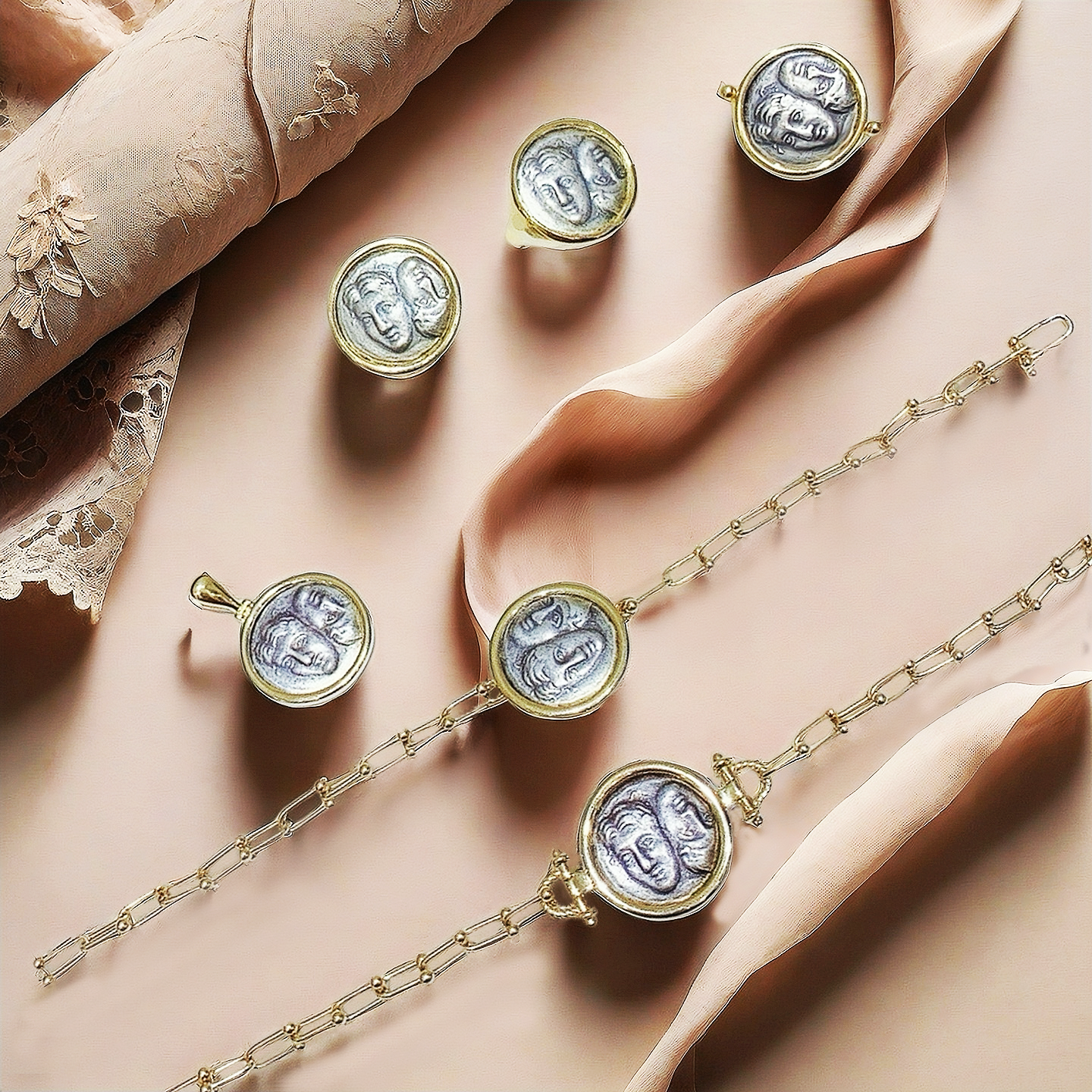 Germini Ancient Coin Medallion 18K Gold Pendant Ring Bracelet (Item No. COIN069)