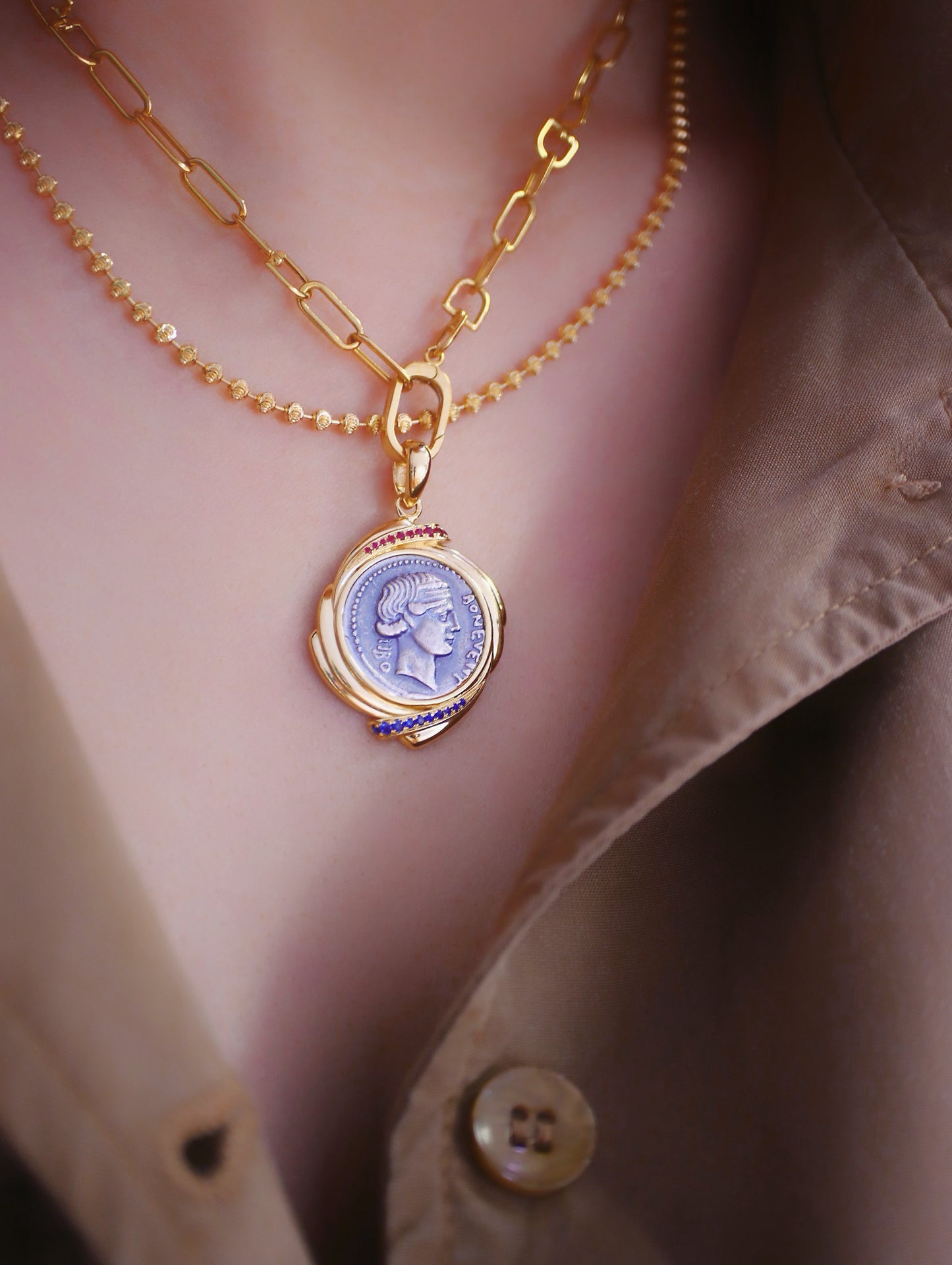 Fortuna Goddess Ancient Greek Coin Medallion 18K Gold Pendant (Item No. COIN028)