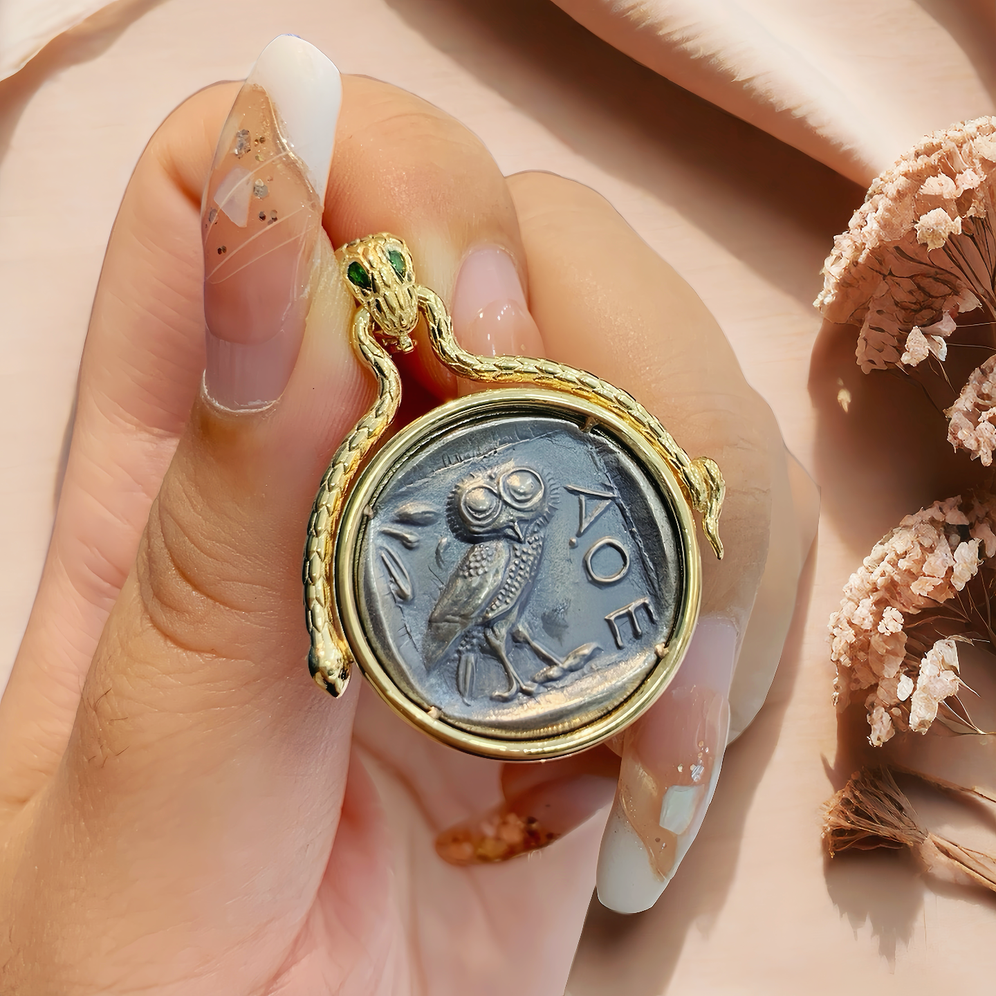 Athena Owl Ancient Greek Coin Medallion 18k Gold Pendant (Item No. COIN003)