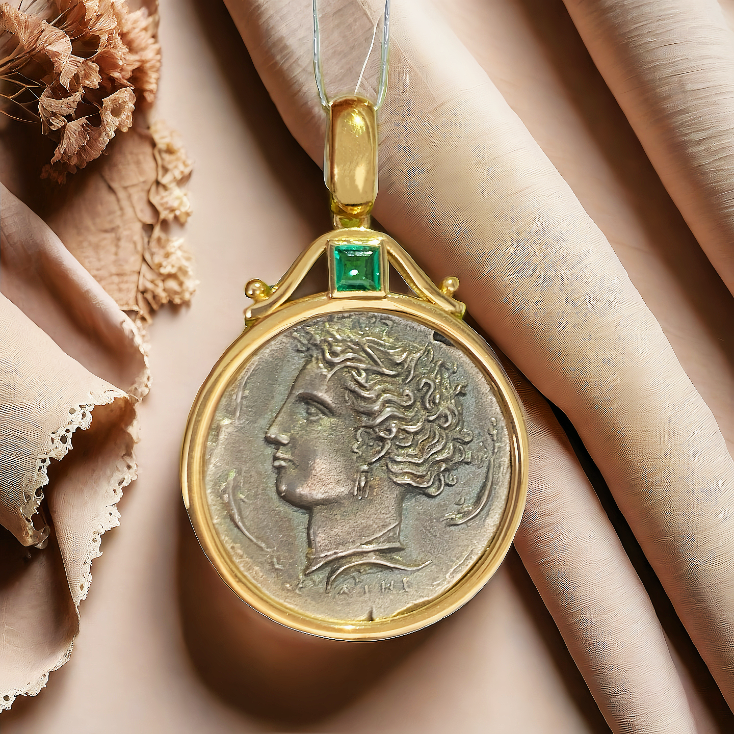 Arethusa Ancient Greek Coin Medallion 18K Gold Pendant (Item No. COIN050)