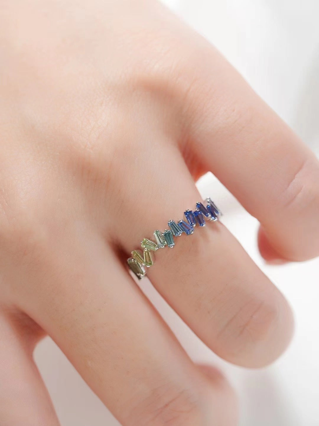 T Square Cut Rainbow Sapphire 18k Gold Ring (Item No. SA018)