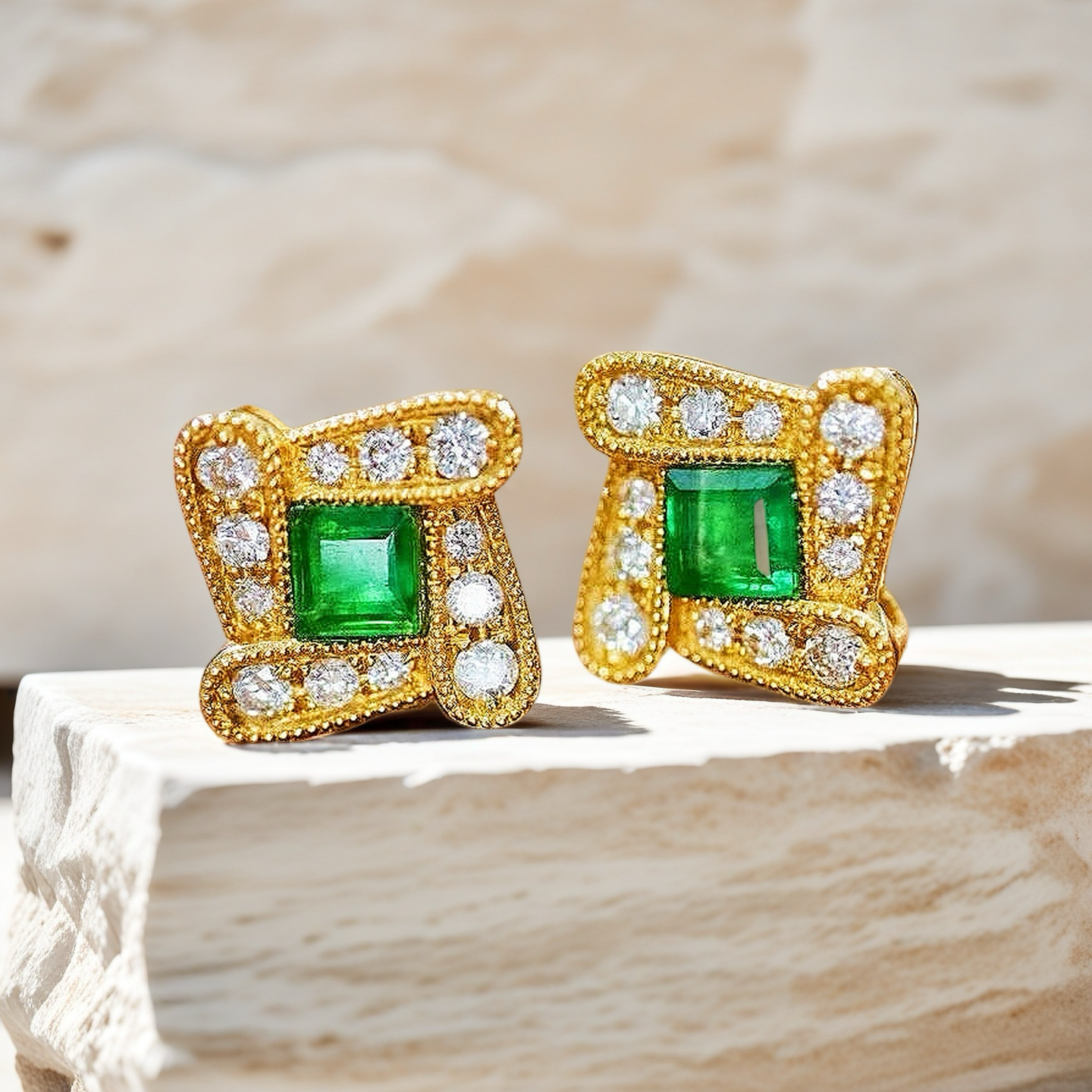 Vintage 18k Gold Diamond Emerald Earring (Item No. VT058)