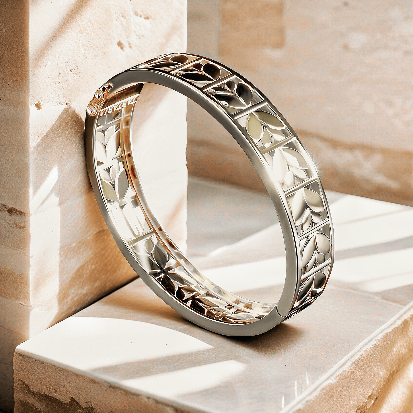 Greek Key Hollow Leaf Sterling Silver/9k/14k/18k Gold Bangle(Item No. GB0017)