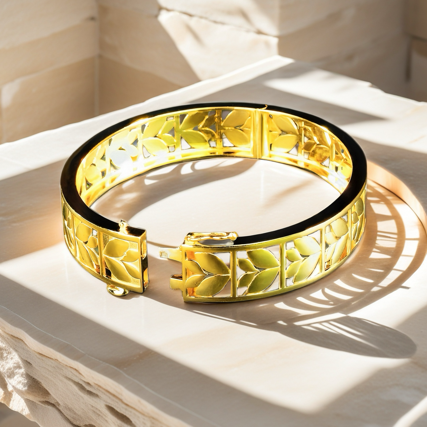 Greek Key Hollow Leaf Sterling Silver/9k/14k/18k Gold Bangle(Item No. GB0017)