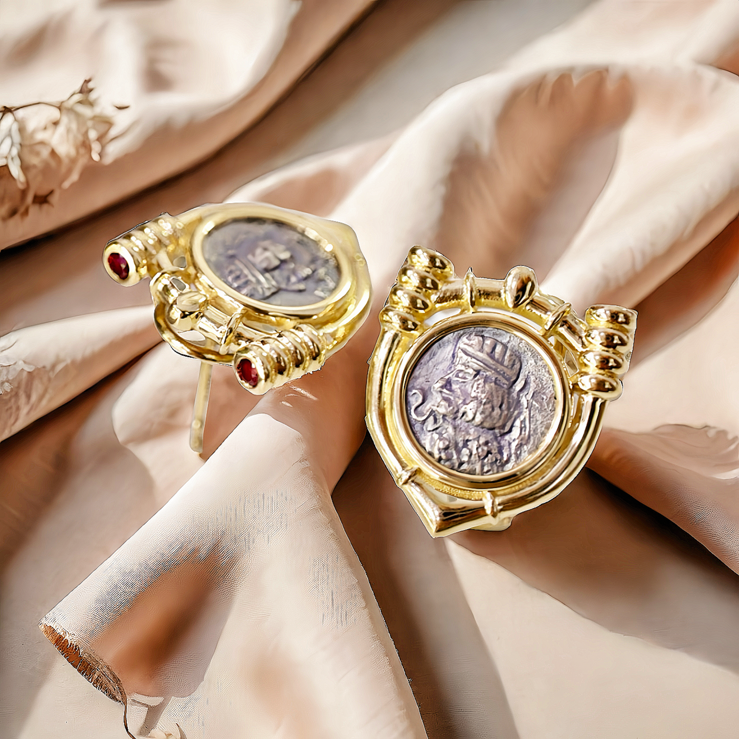 Parthian Emperor Ancient Coin Medallion 18K Gold Earring (Item No. COIN058)