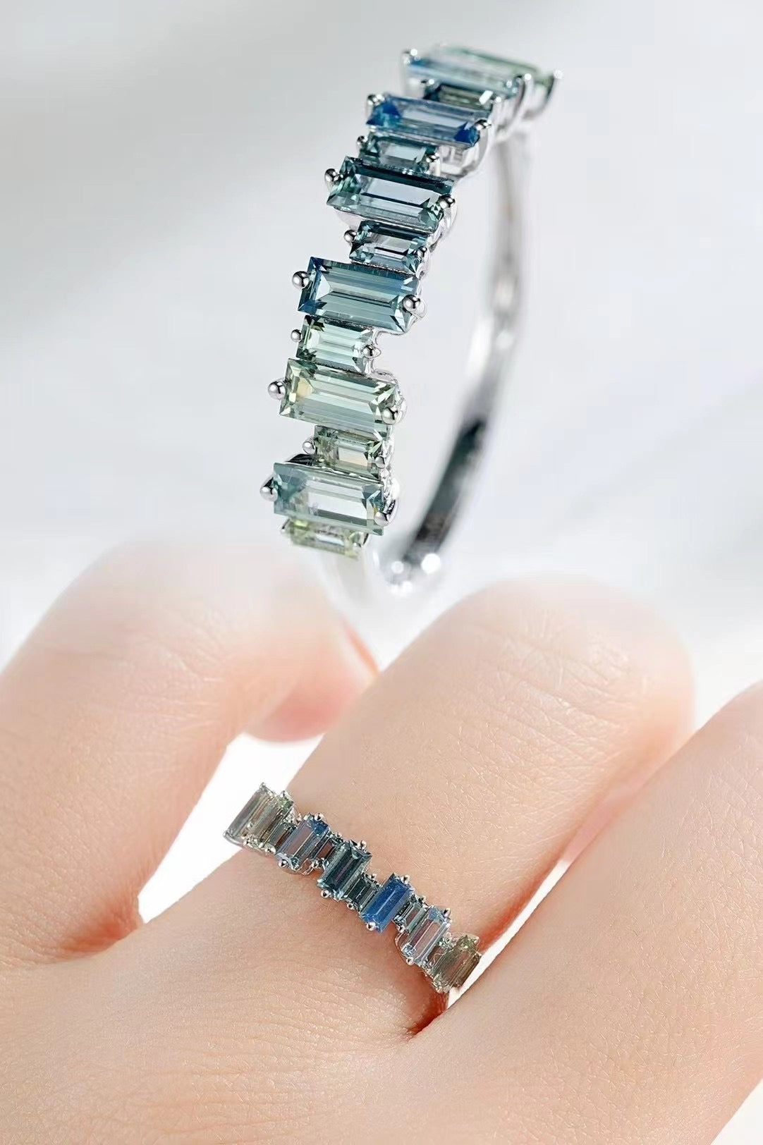 T Square Cut Rainbow Sapphire 18k Gold Ring (Item No. SA027)