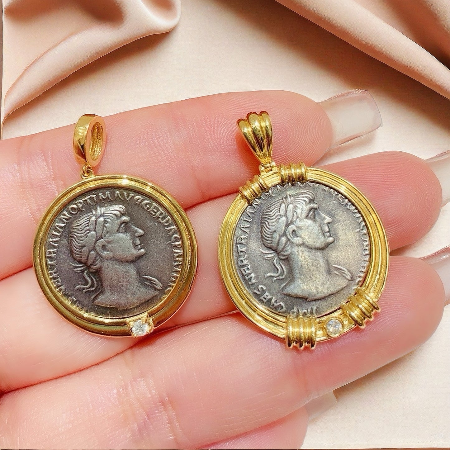 Emperor Trajan& Fortuna Ancient Greek Coin Medallion 18K Gold Pendant (Item No. COIN041)