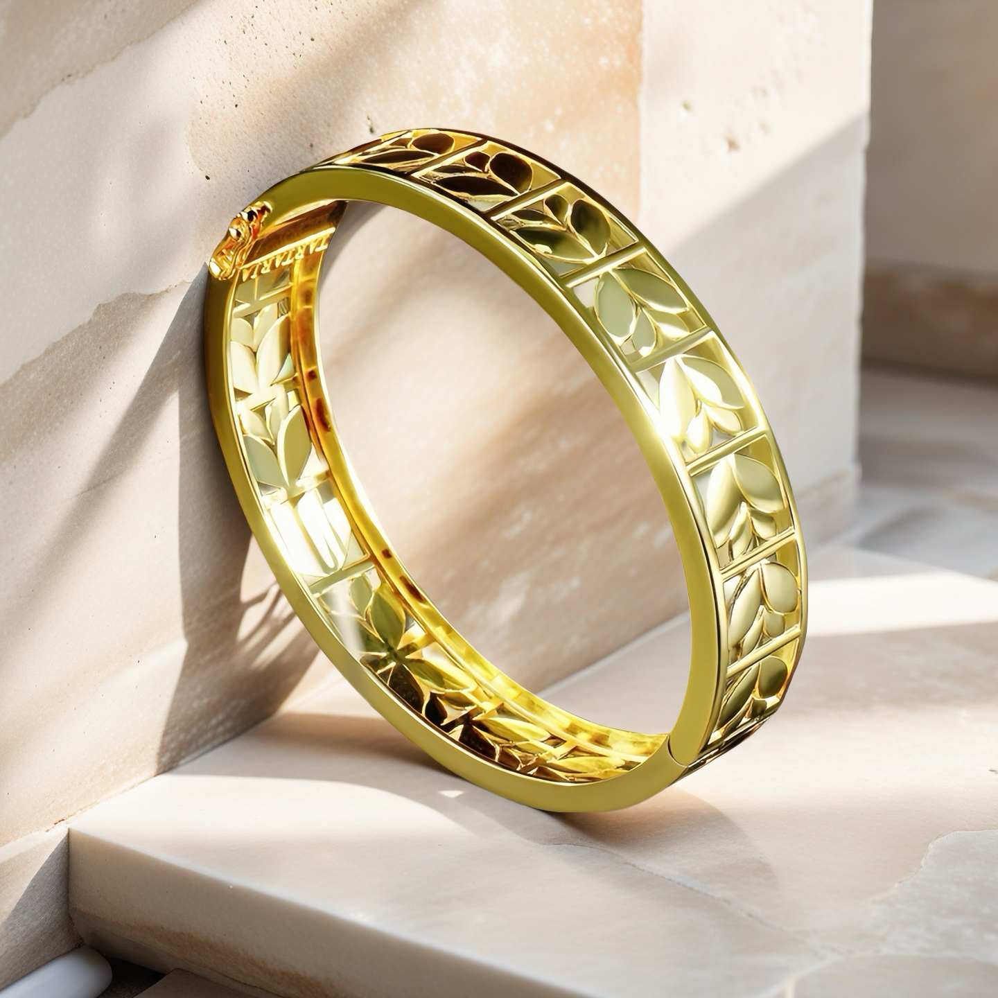 Greek Key Hollow Leaf Sterling Silver/9k/14k/18k Gold Bangle(Item No. GB0017)