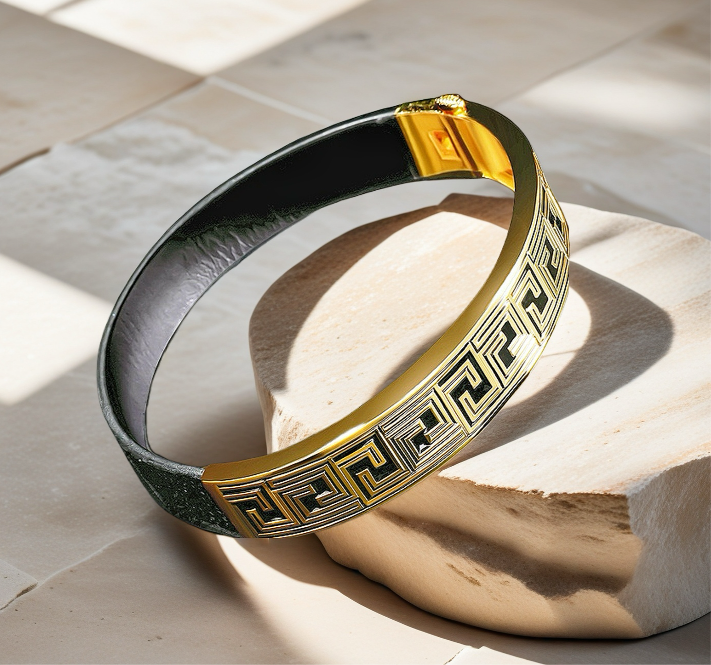 Greek Key Sterling Silver/9k/14k/18k Enamel Leather Gold Bangle(Item No. GB0005)