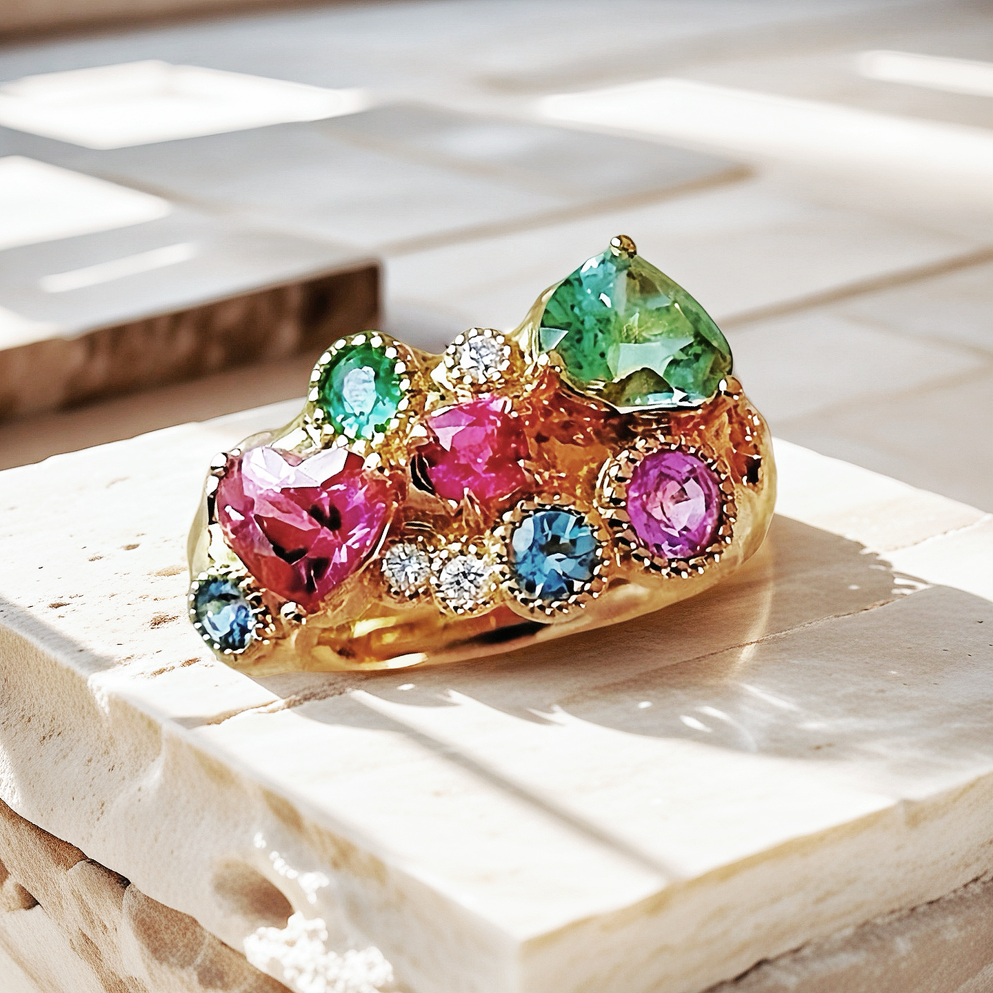 Vintage Garden 18k Gold Diamond Rainbow Gem Ring (Item No. VT037)