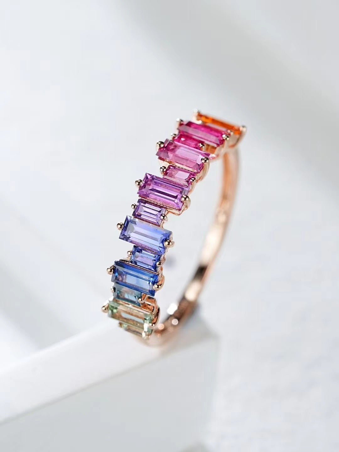 T Square Cut Rainbow Sapphire 18k Gold Ring (Item No. SA028)