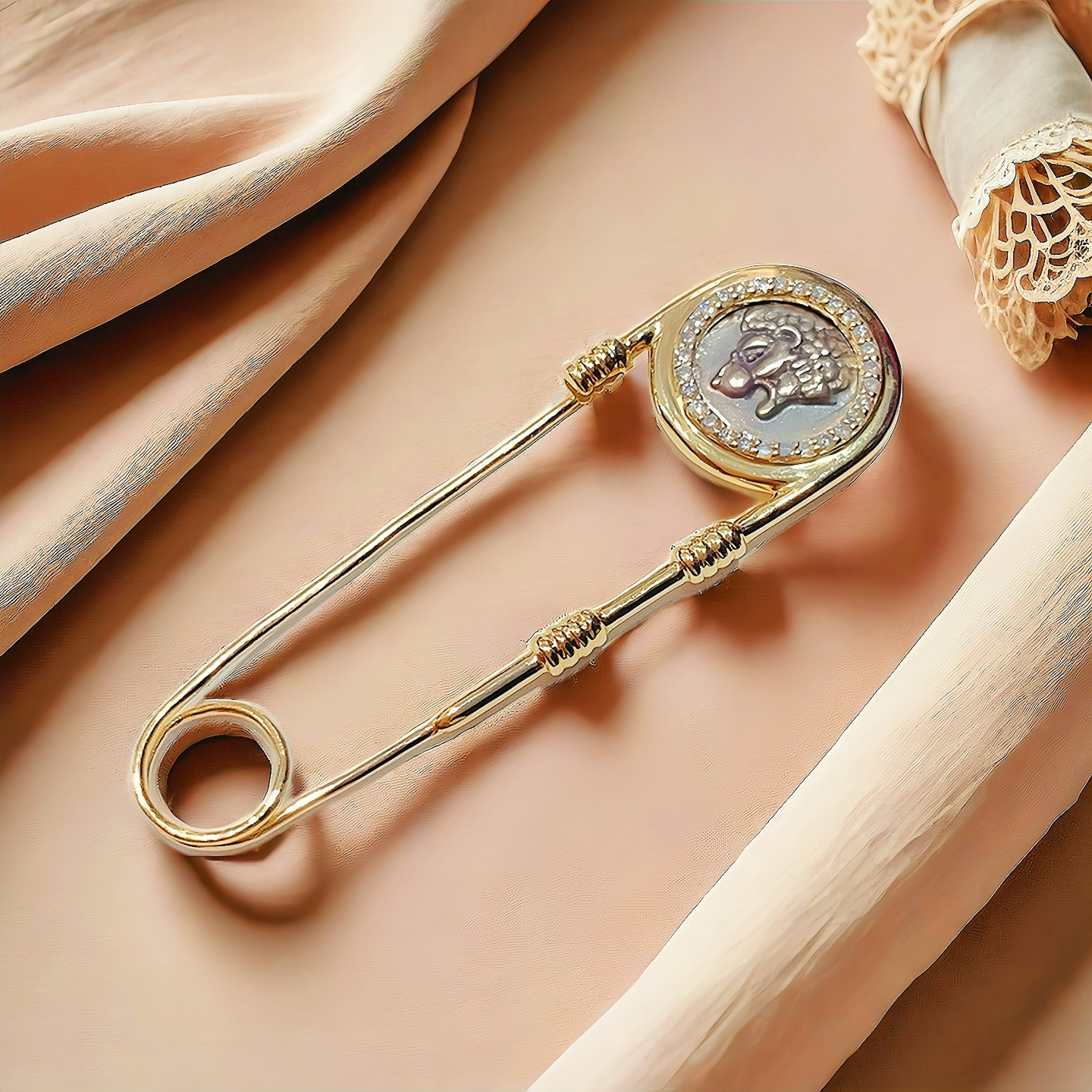 Lion Ancient Coin Medallion 18K Gold Brooch (Item No. COIN081)