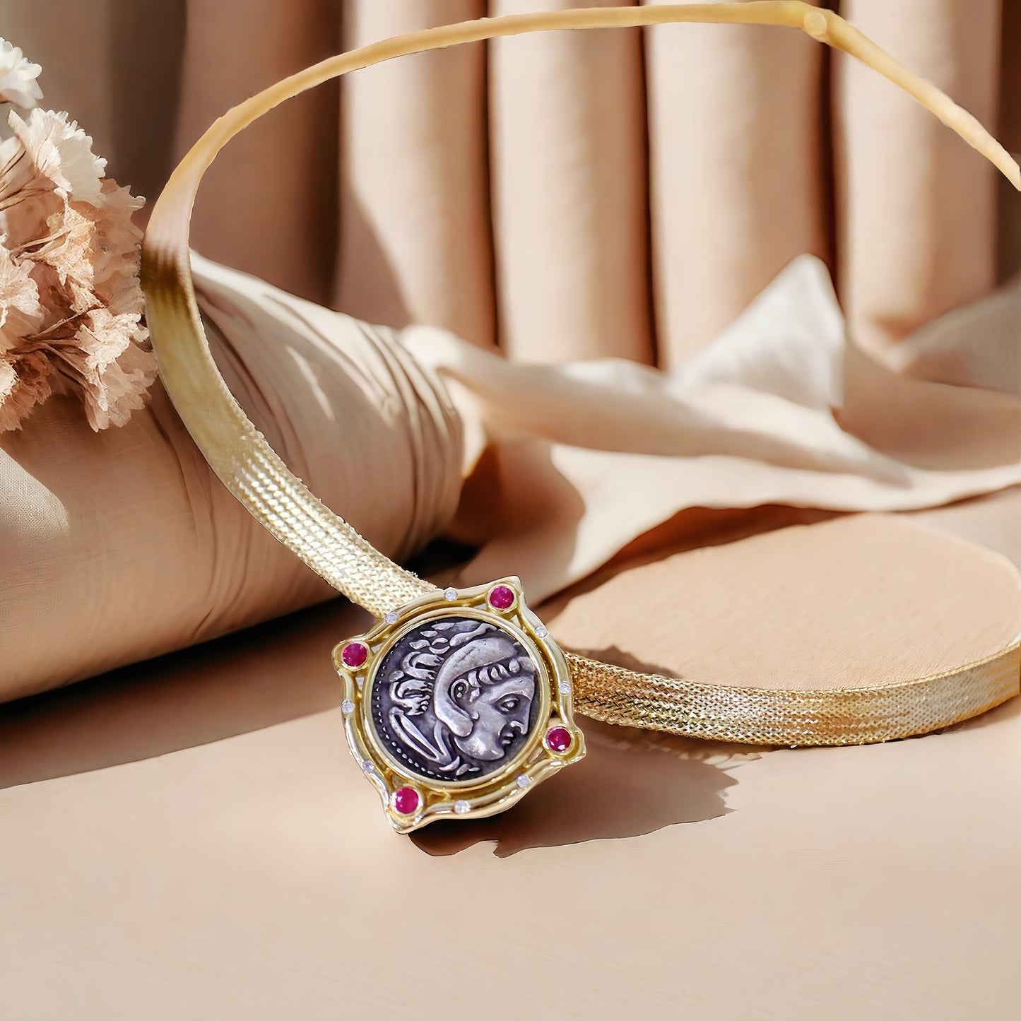 Heracles Ancient Greek Coin Medallion 18K Gold Pendant Necklace Set (Item No. COIN087)