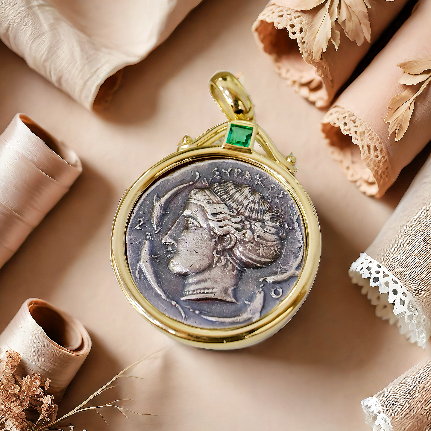 Arethusa Ancient Greek Coin Medallion 18K Gold Pendant (Item No. COIN050)