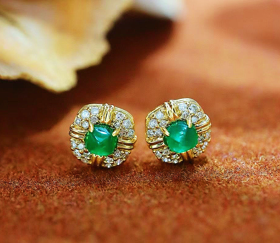 Vintage 18k Gold Diamond Emerald Earring (Item No. VT057)