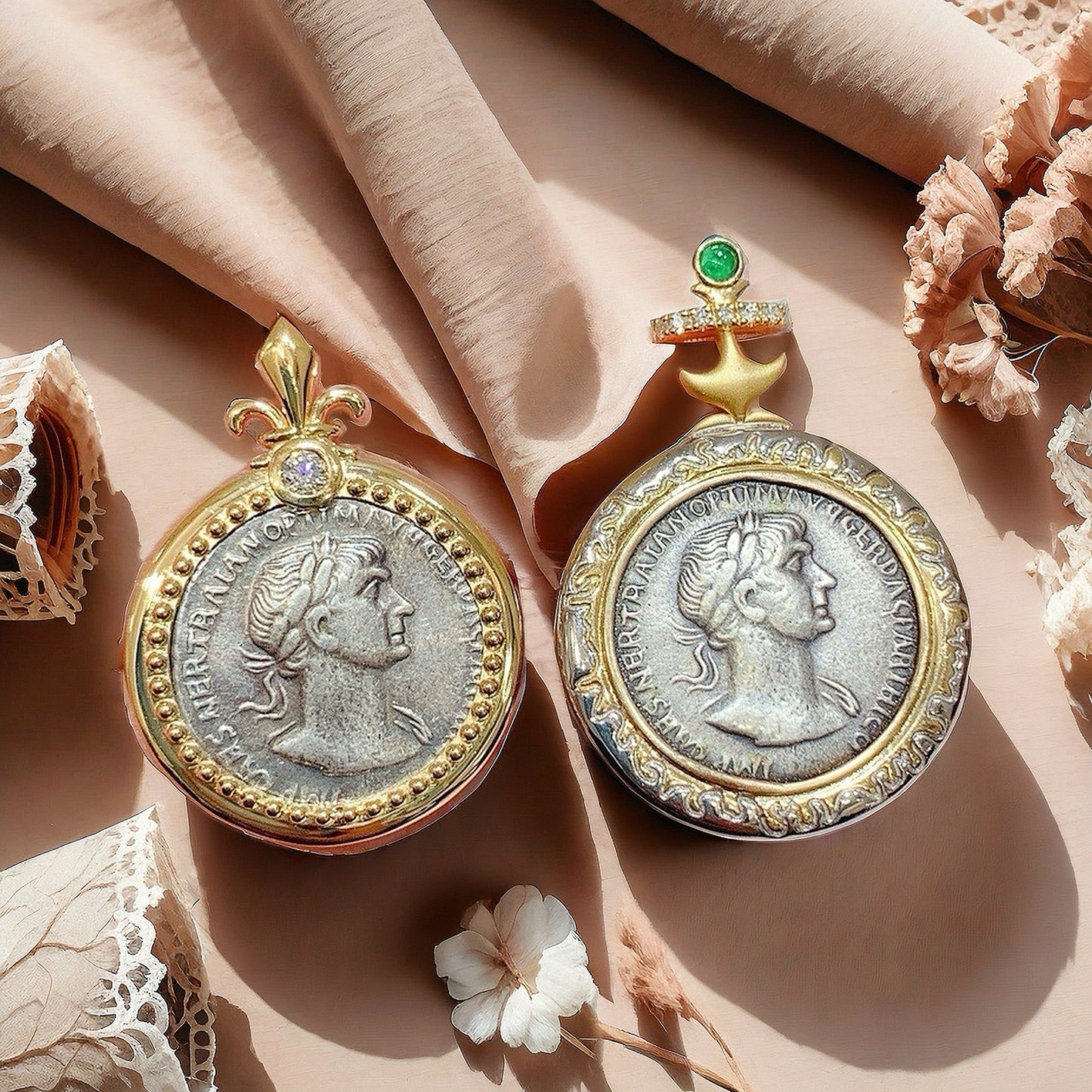 Emperor Trajan& Fortuna Ancient Greek Coin Medallion 18K Gold Pendant (Item No. COIN041)