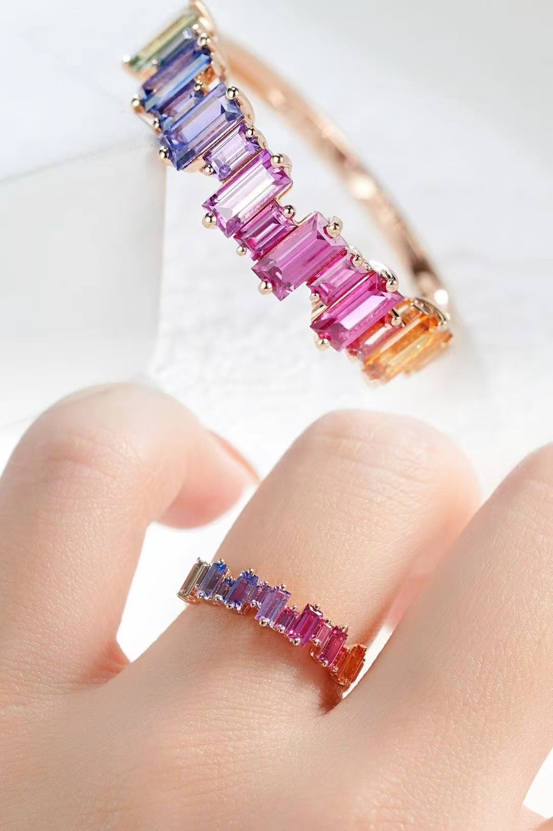 T Square Cut Rainbow Sapphire 18k Gold Ring (Item No. SA028)